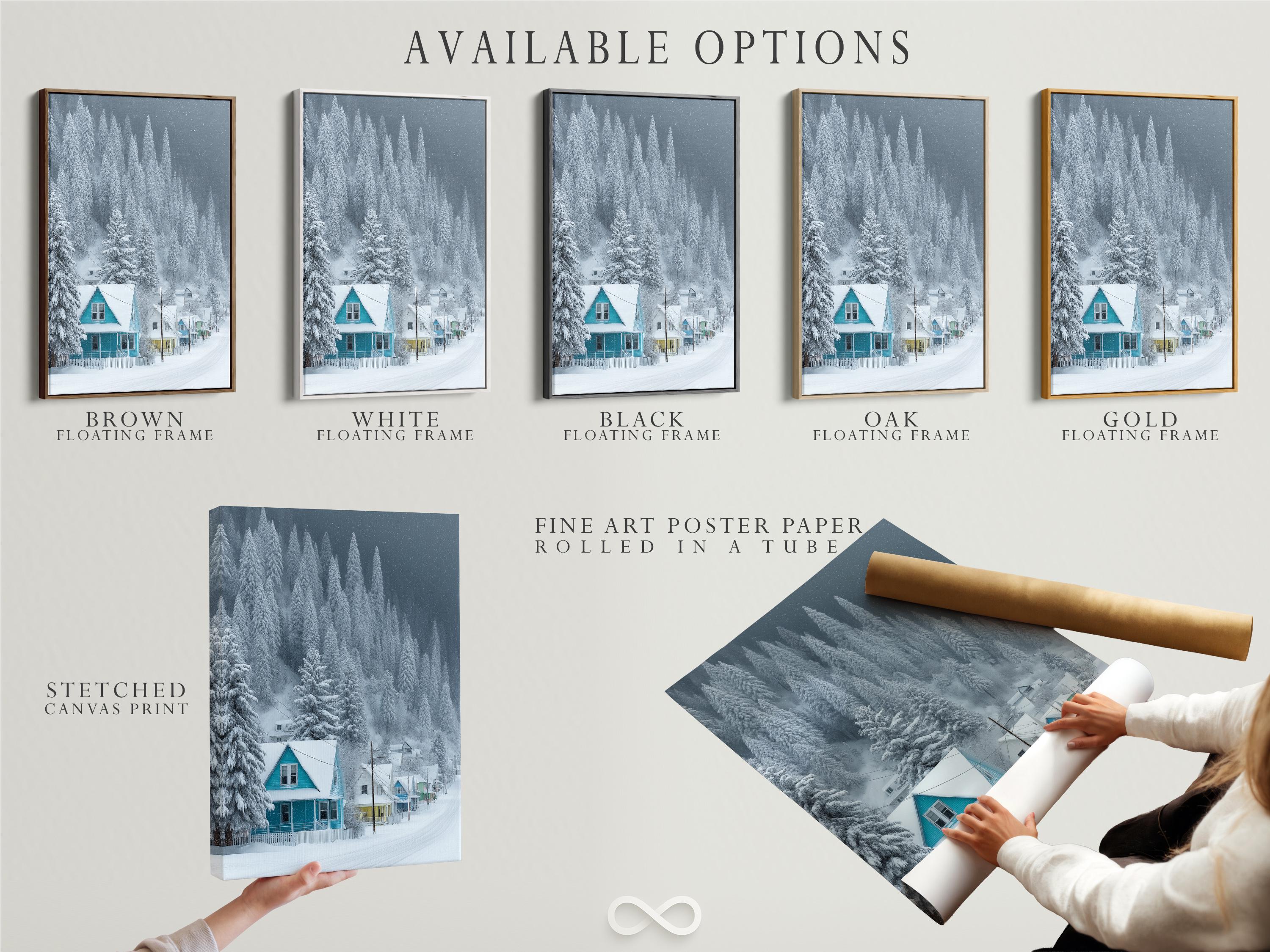 Snowy winter village with pine trees and teal-roof houses in falling snow detail view