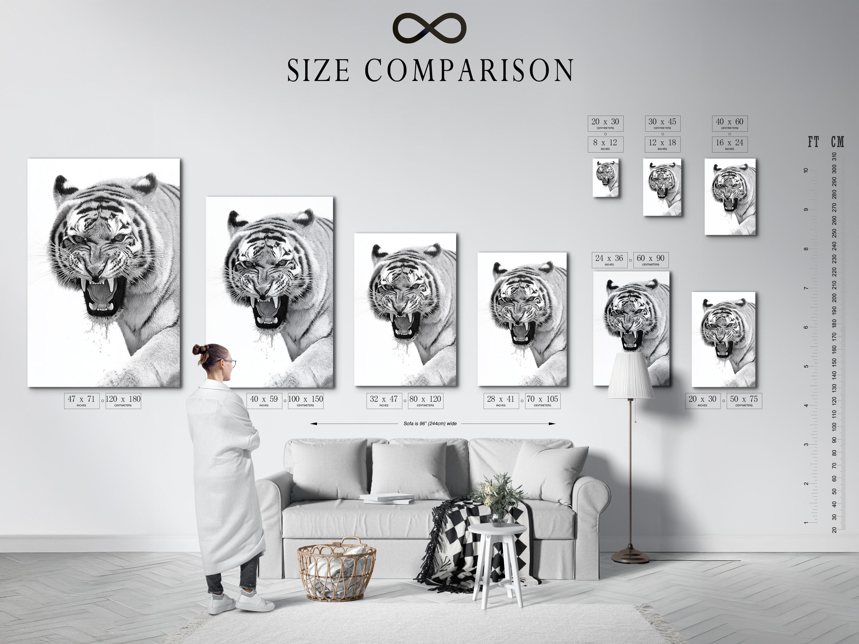 Framed monochrome tiger portrait mockup on a light background with additional display props