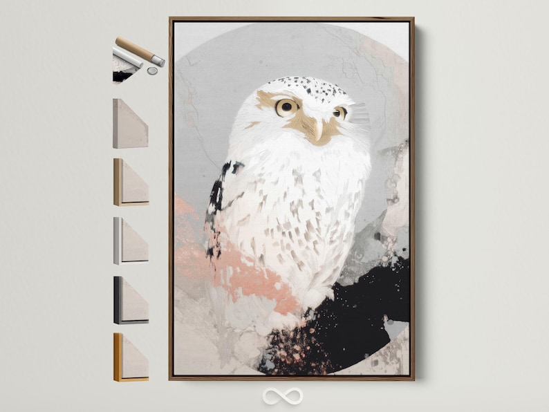 Neutral abstract owl portrait artwork with beige feathers and black speckled accents