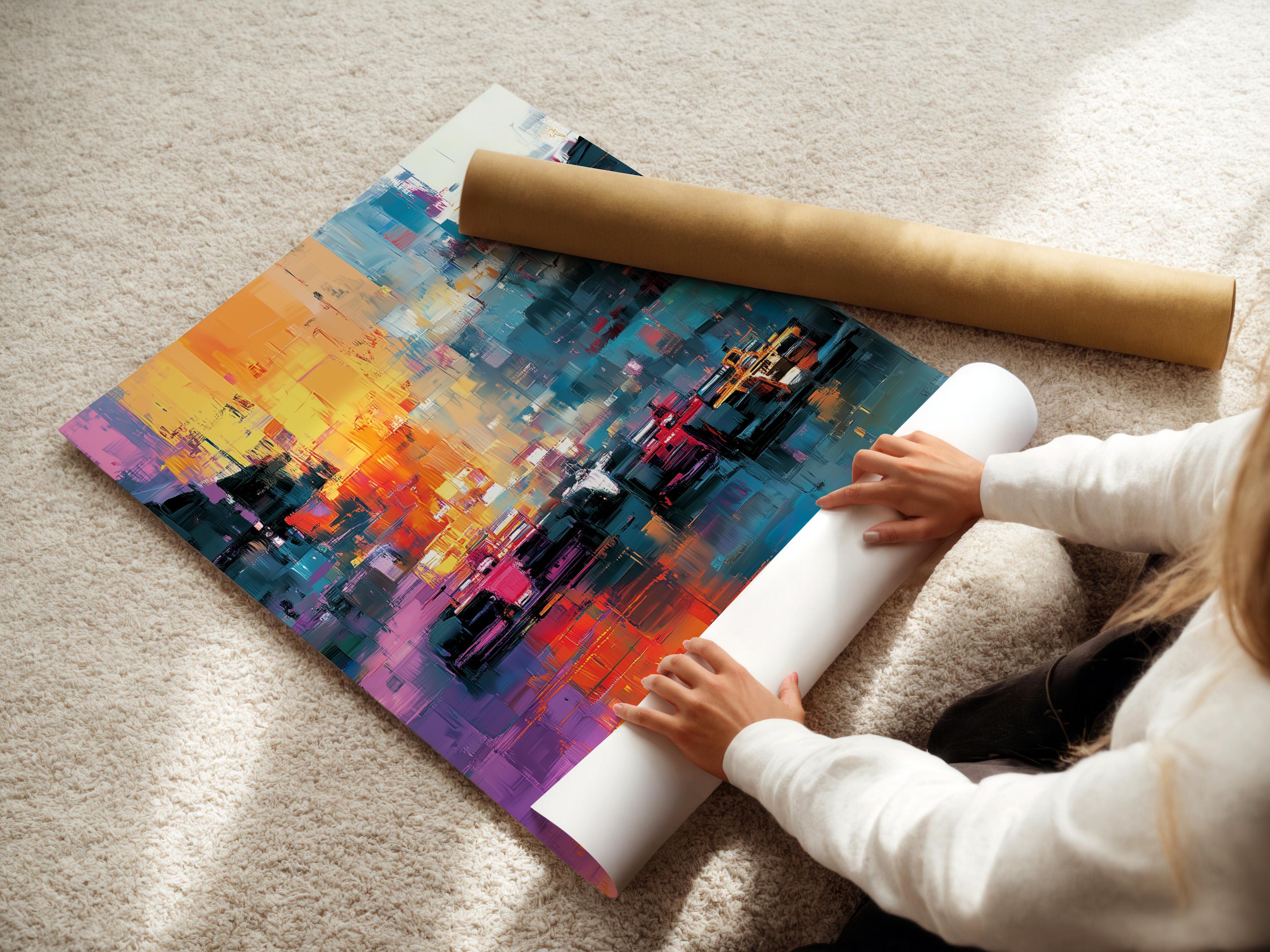 Room mockup with a large framed abstract cityscape artwork above a seating area