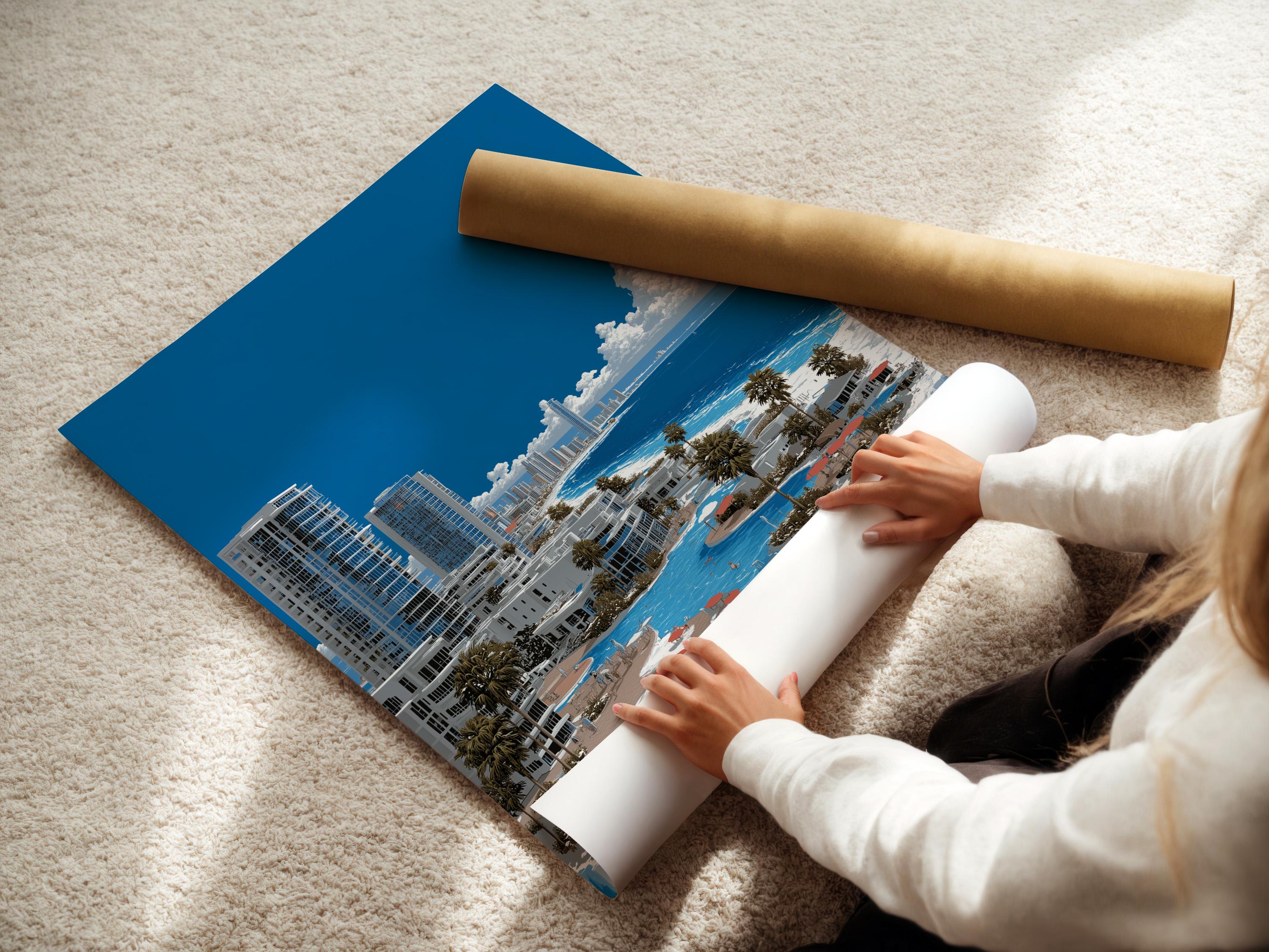 Room mockup showing a framed panoramic coastal cityscape artwork with turquoise ocean and blue sky