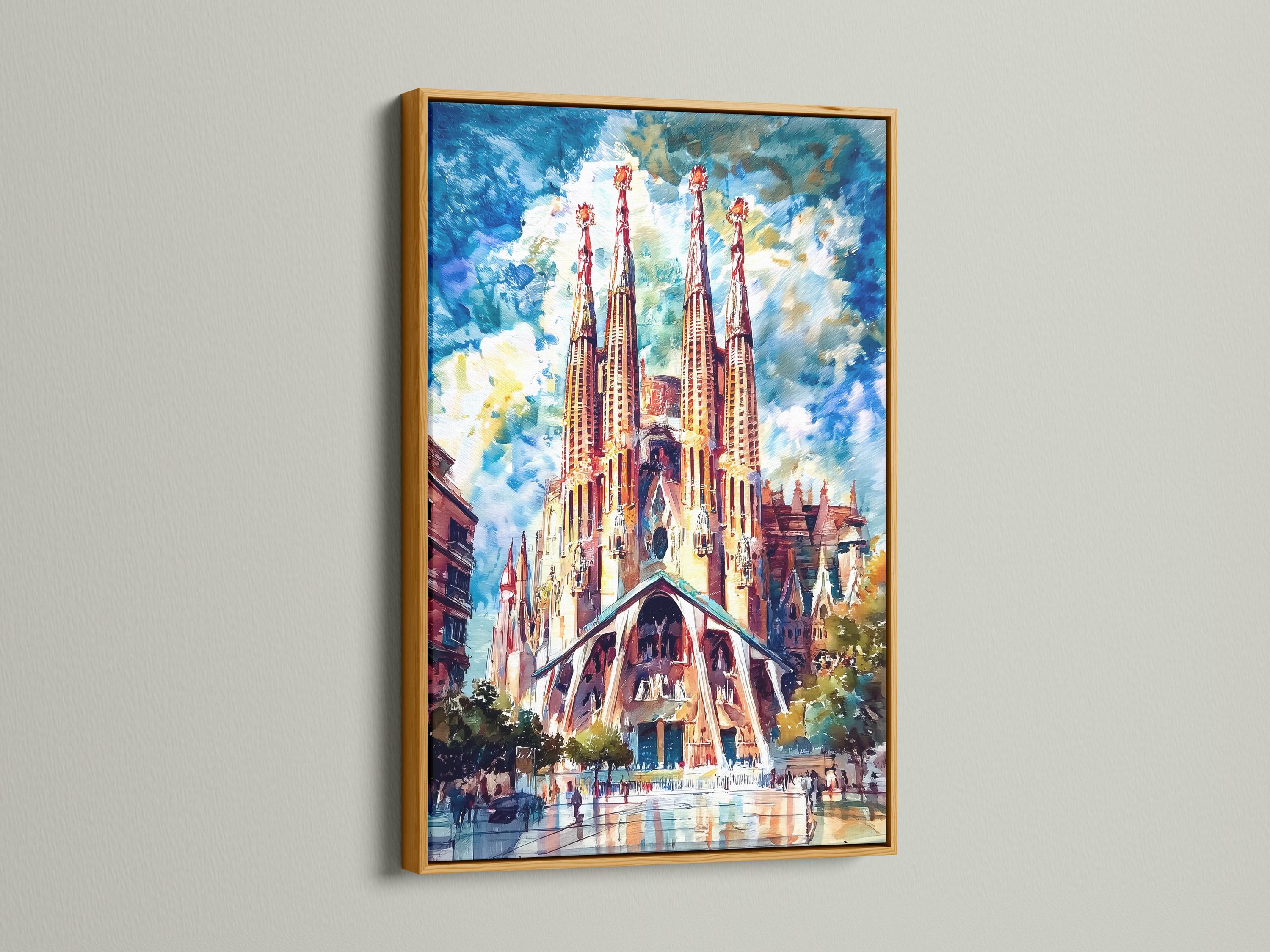Room mockup showing a framed cathedral spires artwork on a blue wall above a desk