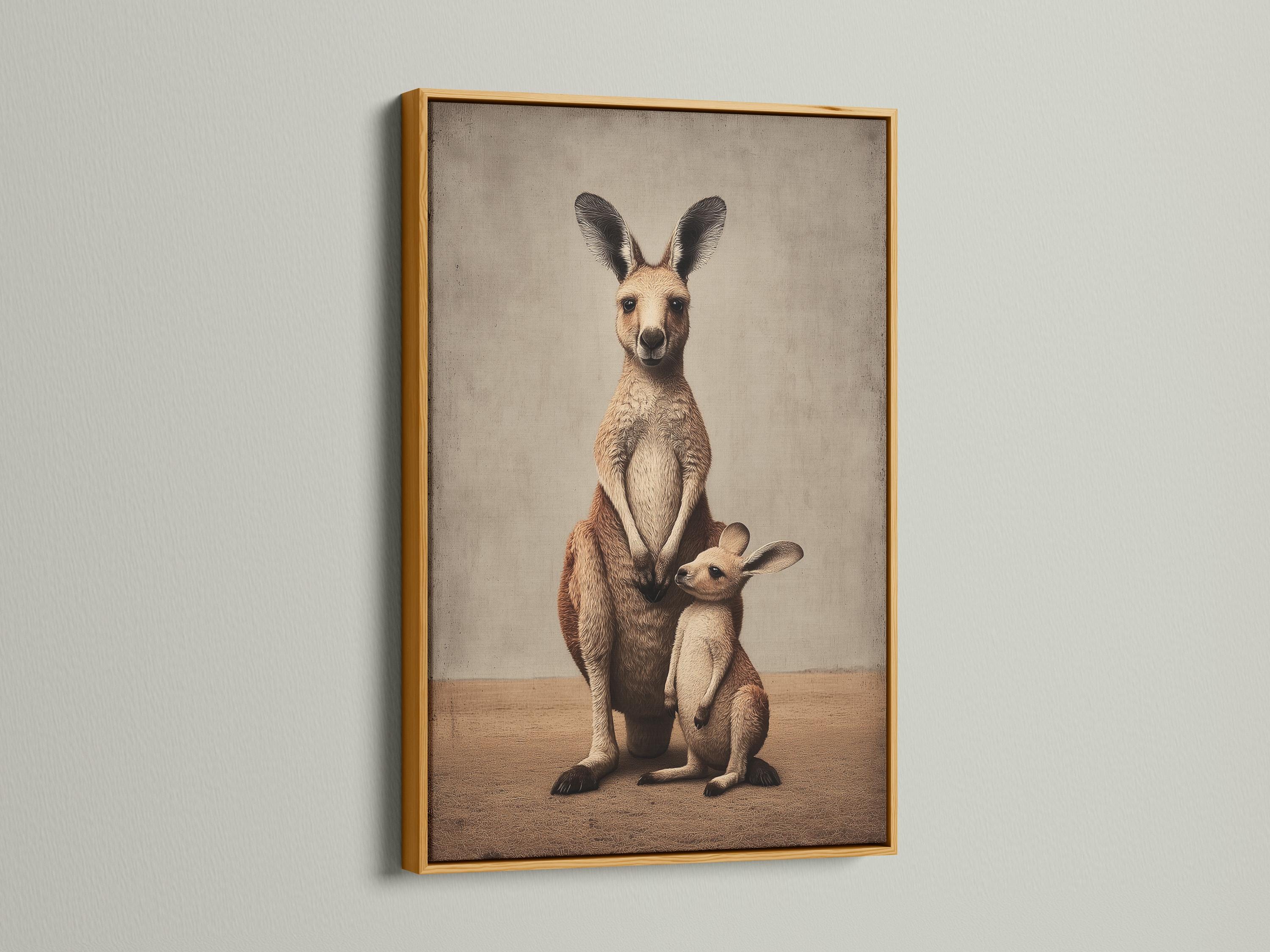 Room mockup showing a framed beige kangaroo mother and joey artwork