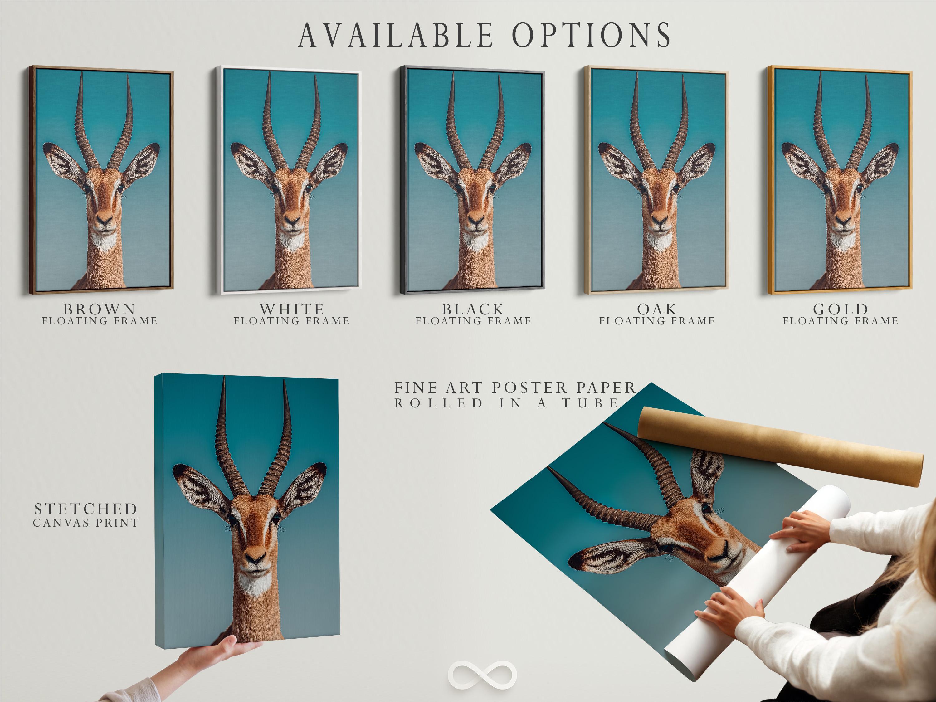 Teal gazelle artwork shown in a framed wall display mockup