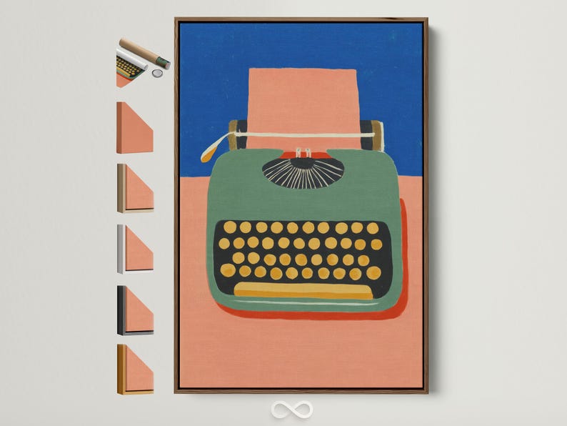 Stylised typewriter illustration with blue background, peach and green body, and gold dot keyboard