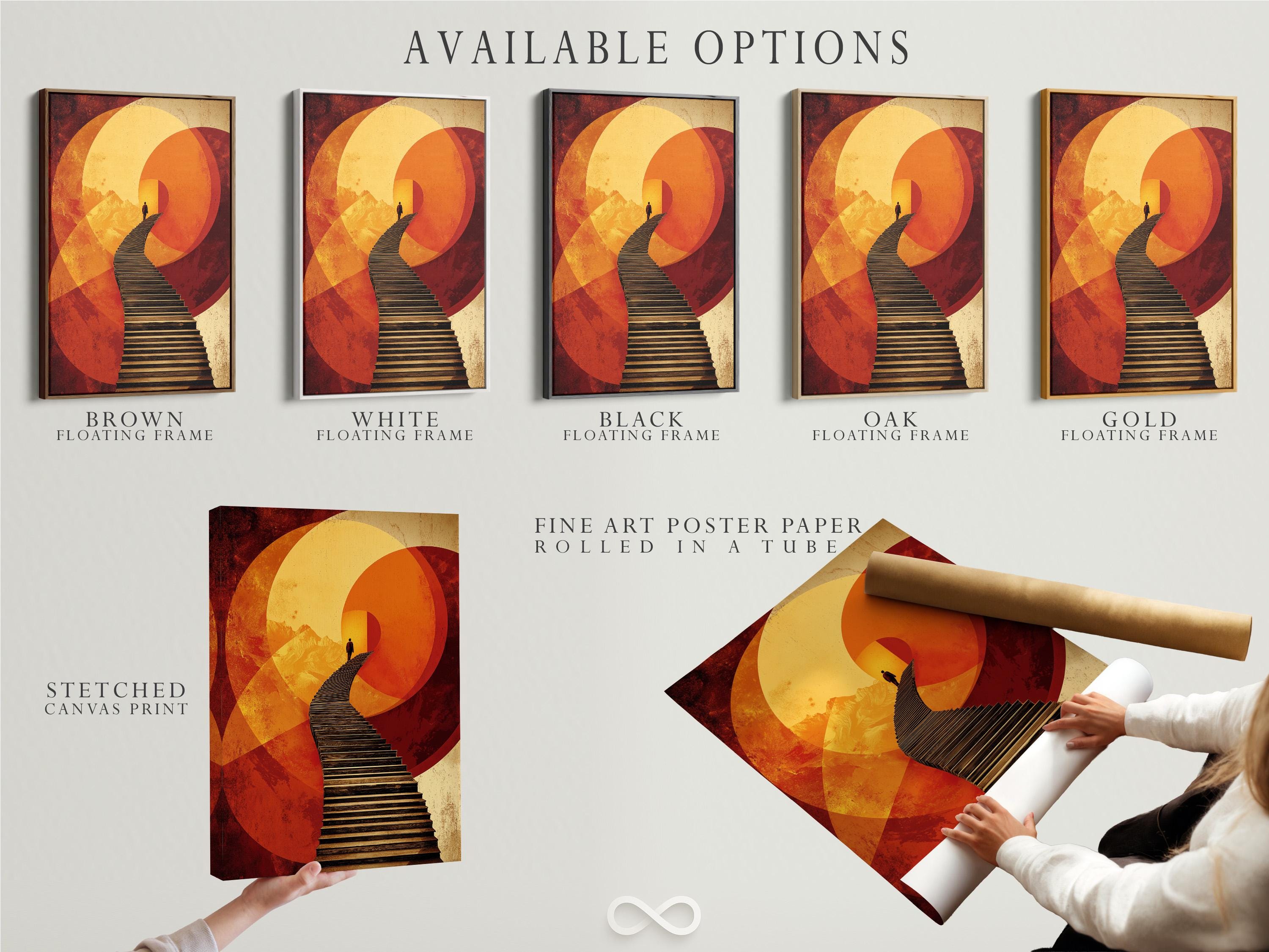 Warm orange and gold geometric arch artwork with a diagonal staircase and a dark silhouetted figure detail view