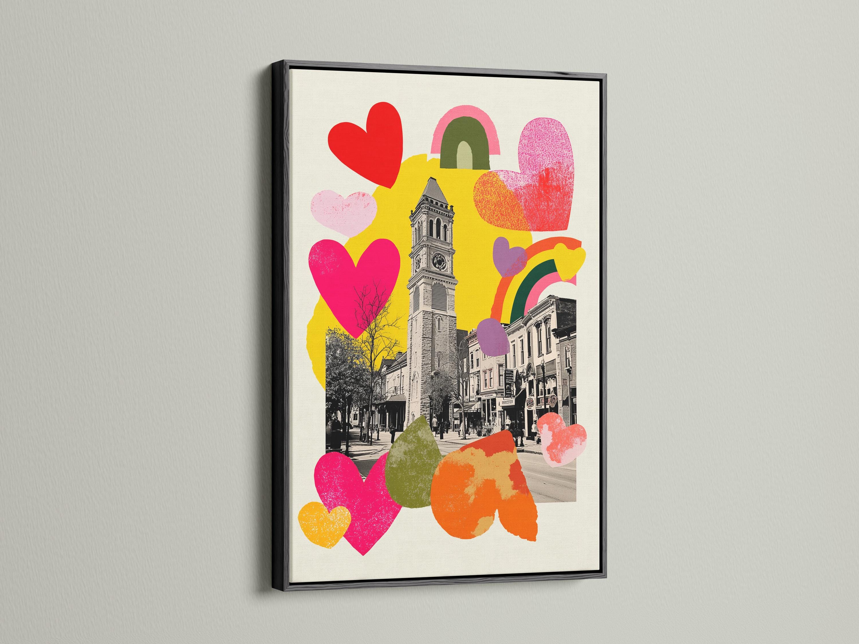 Retro cityscape with a clock tower overlaid by colourful hearts and rainbow shapes detail view