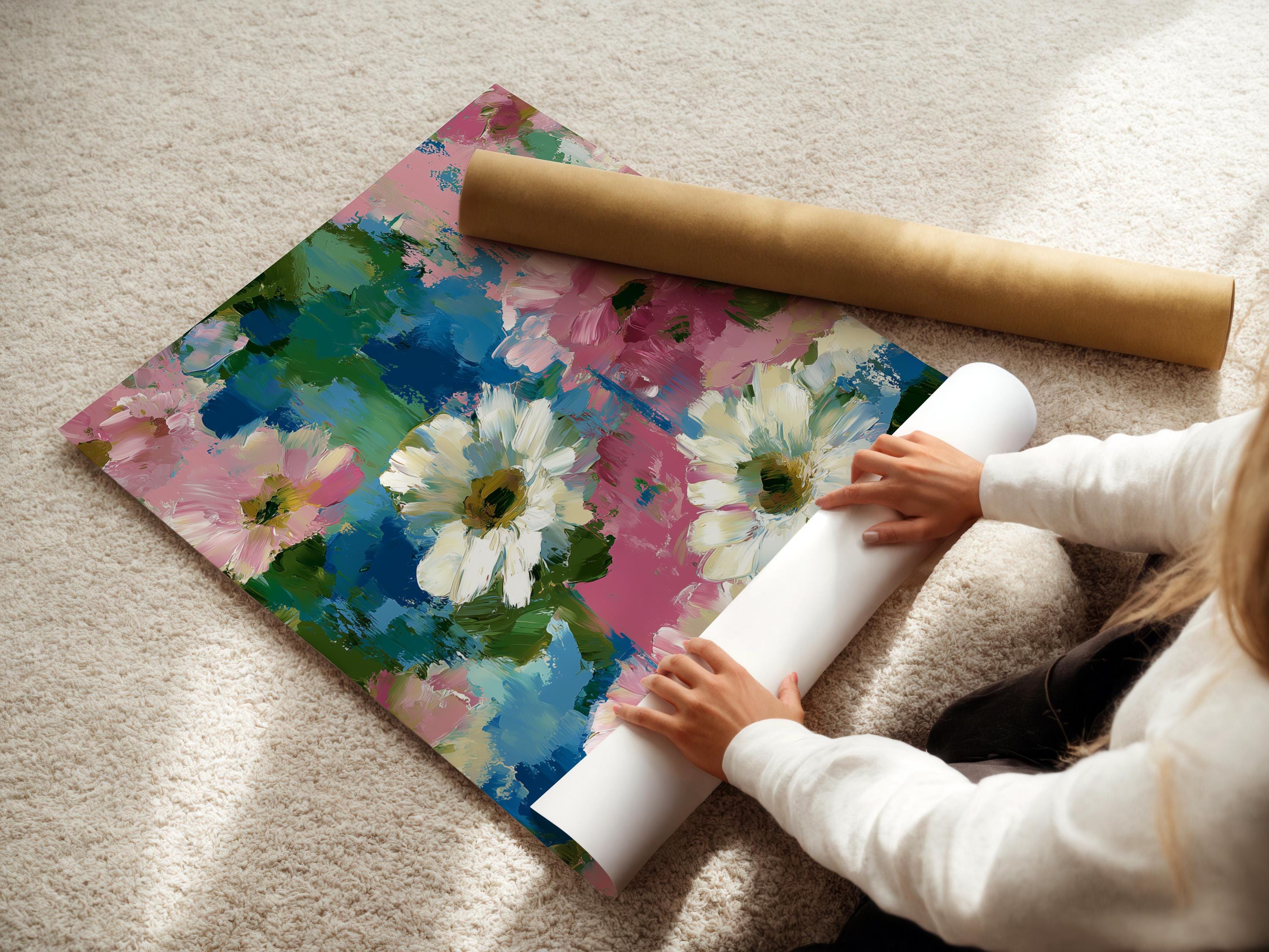 Room mockup showing a framed floral artwork with pink, white, teal and green brush textures