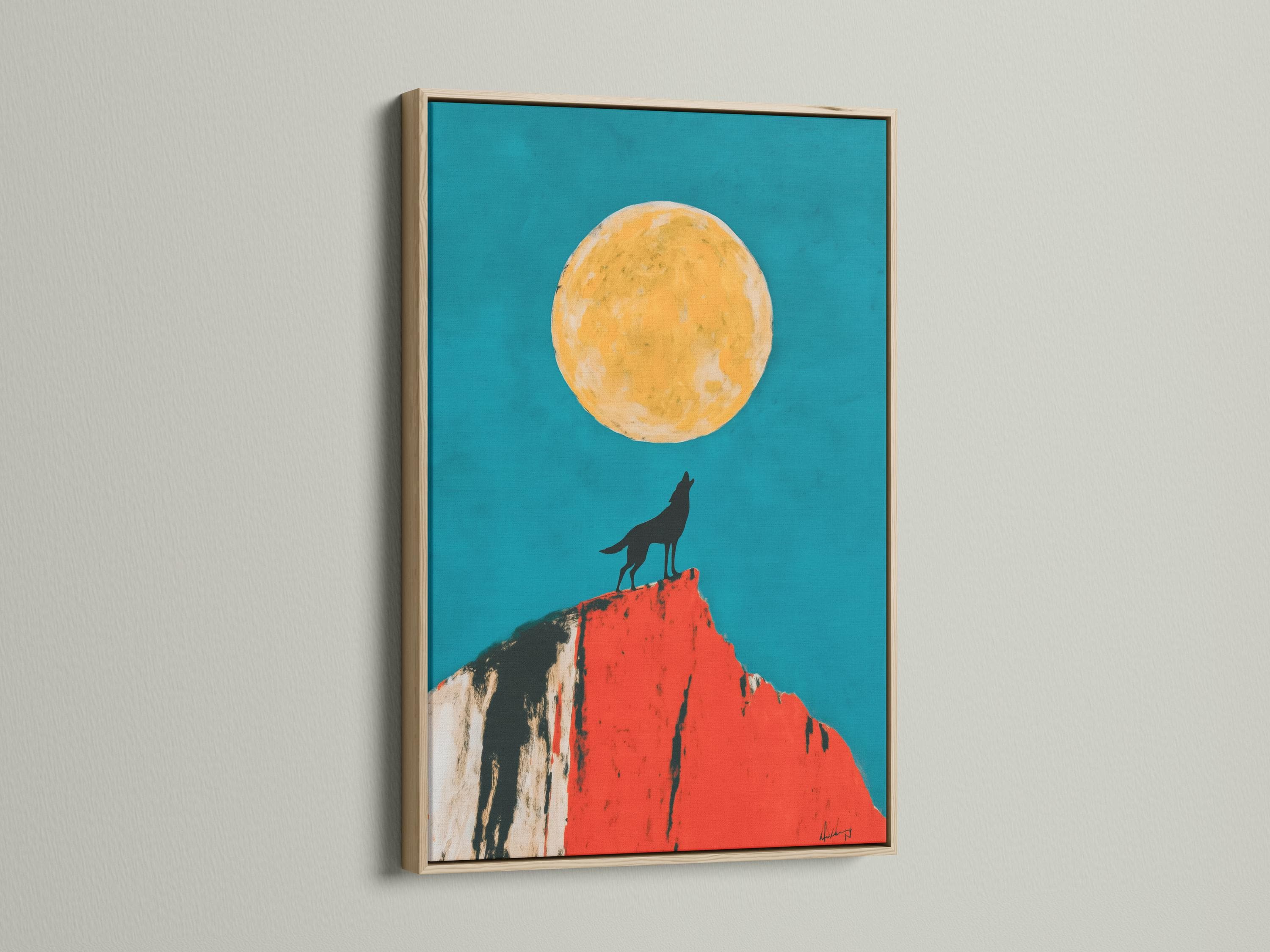 Mockup showing framed wolf moon artwork with a teal background, wolf silhouette and red cliff