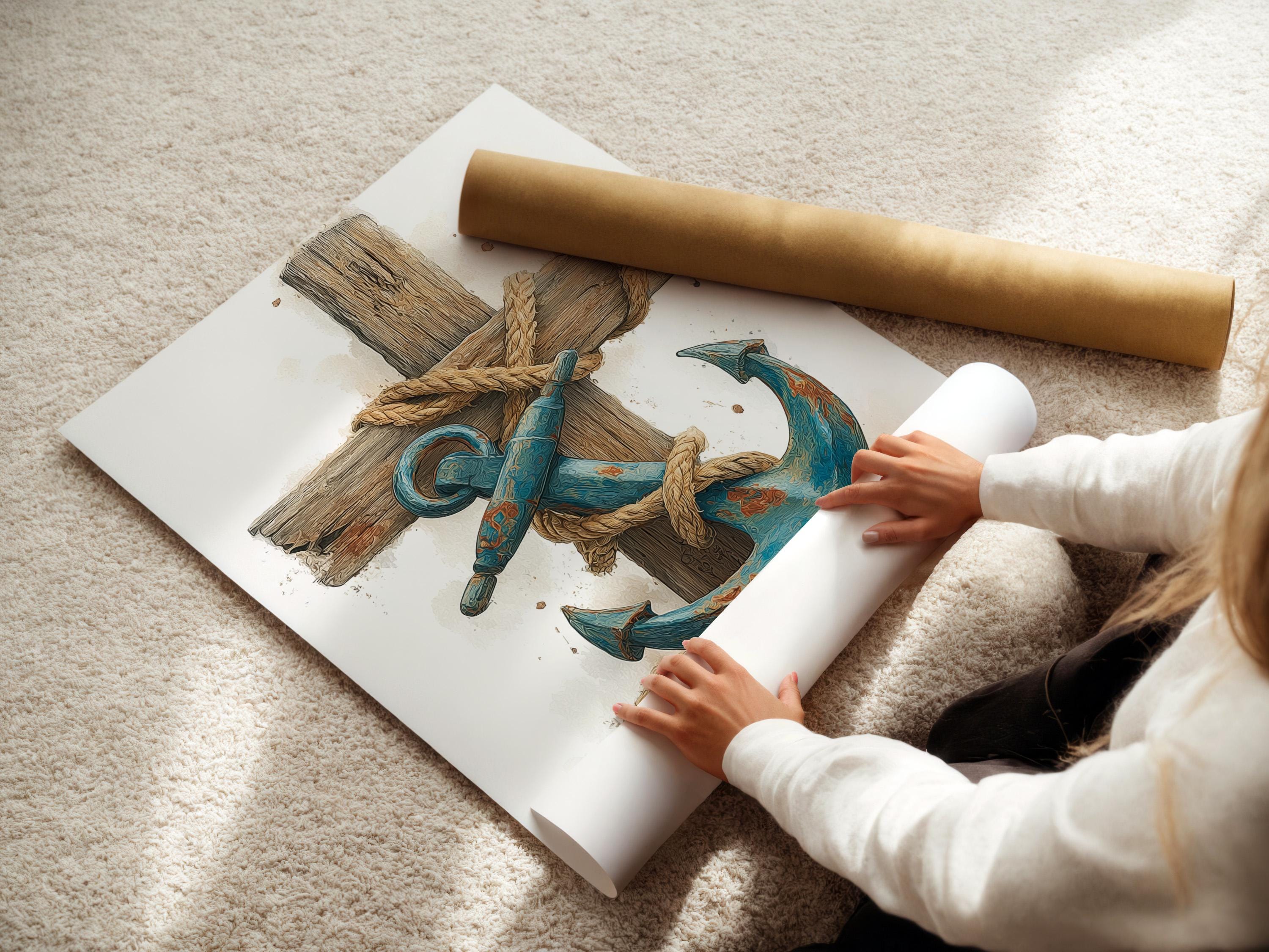 A distressed nautical illustration shows a large rope-wrapped wooden cross/anchor shape with a coiled blue rope motif and seabed tones against a pale