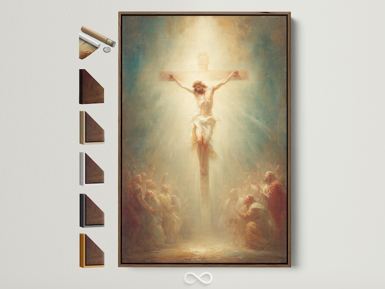 Crucifixion scene with a central figure on a cross and a glowing cream background
