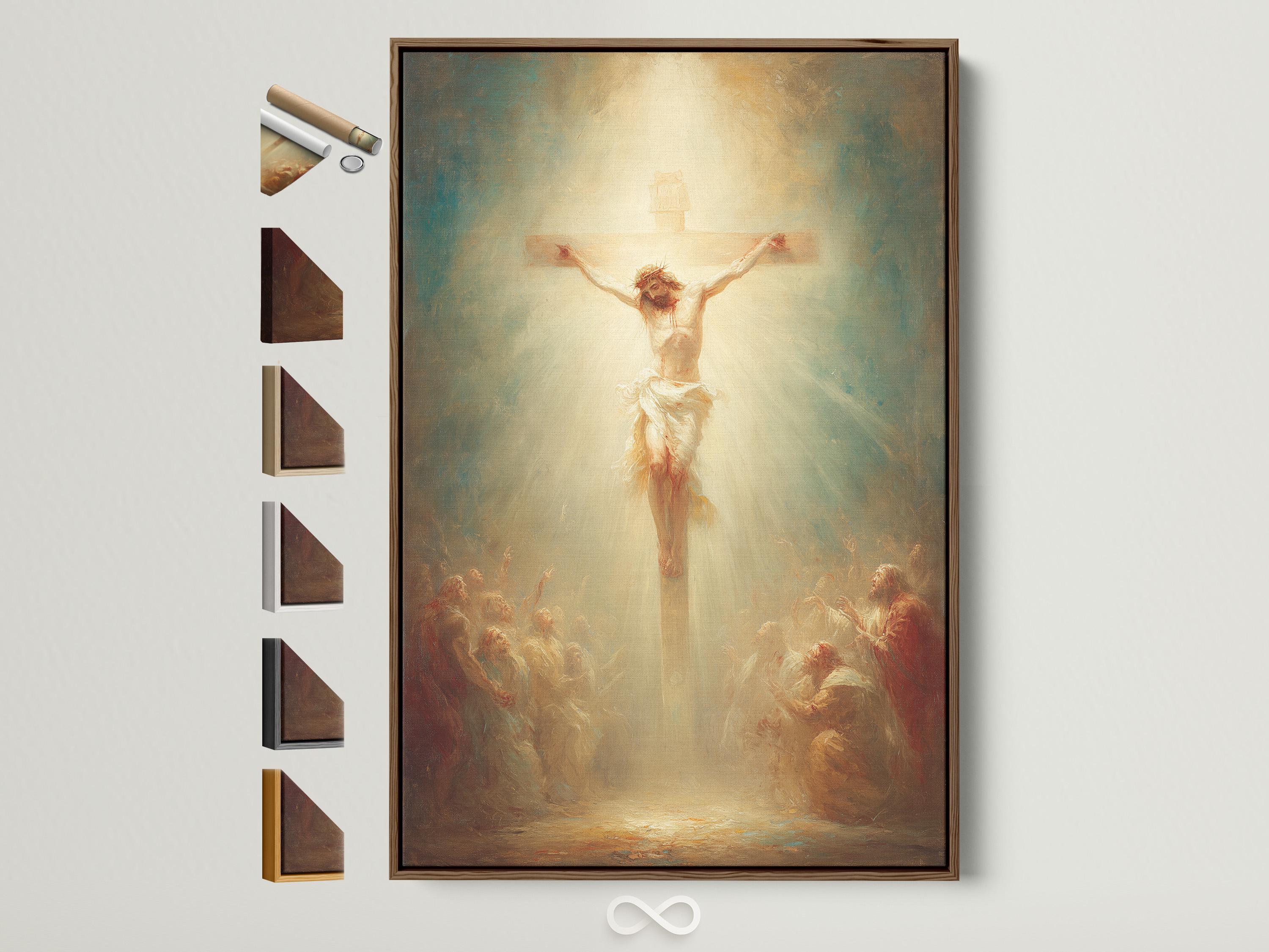 Crucifixion scene with a central figure on a cross and a glowing cream background