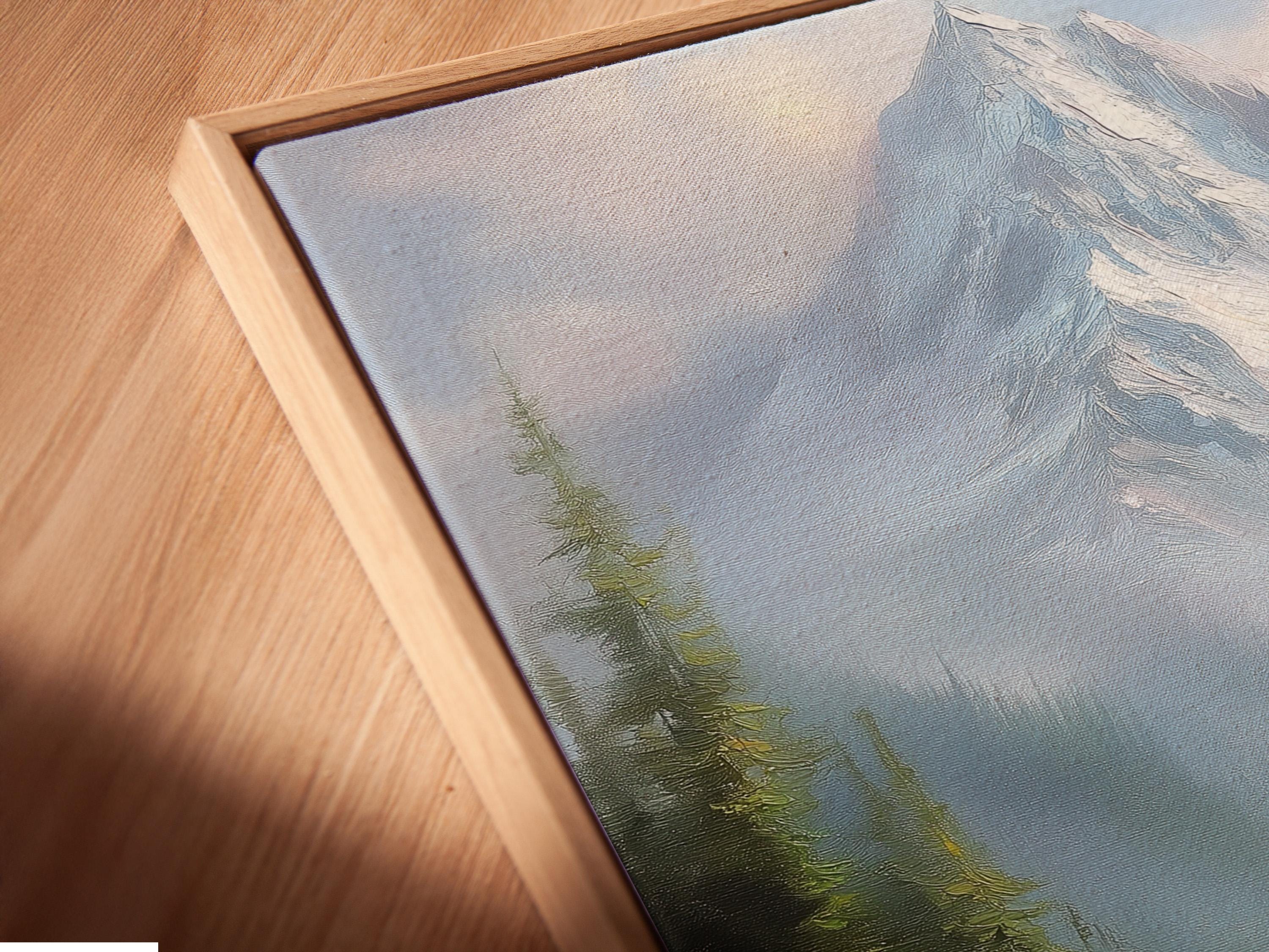 Wall mockup featuring a framed snowy mountain landscape with wildflowers and forest trees