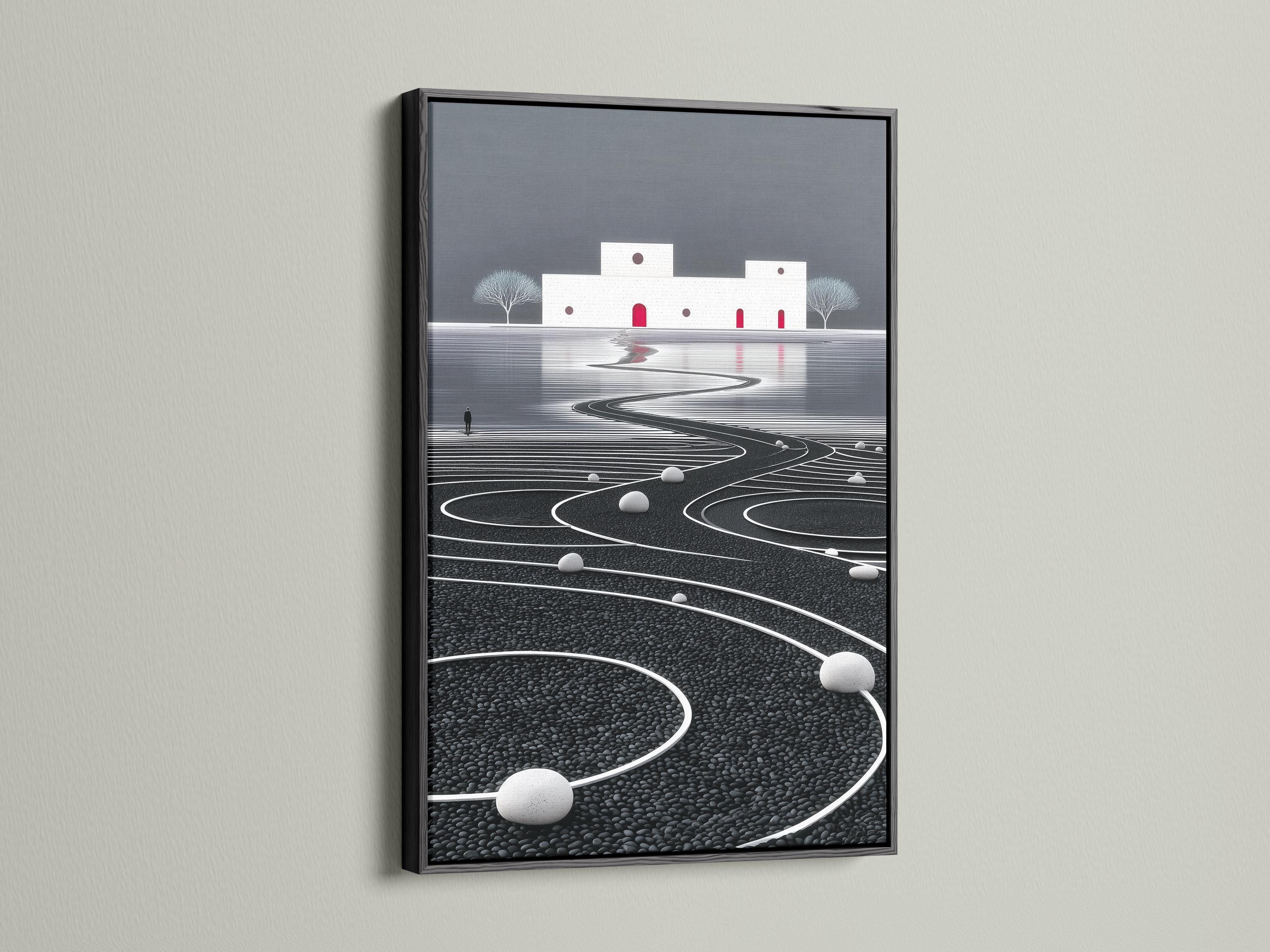 Minimalist zen landscape with a winding curved path across textured ground, grey sky, trees and red door accents detail view