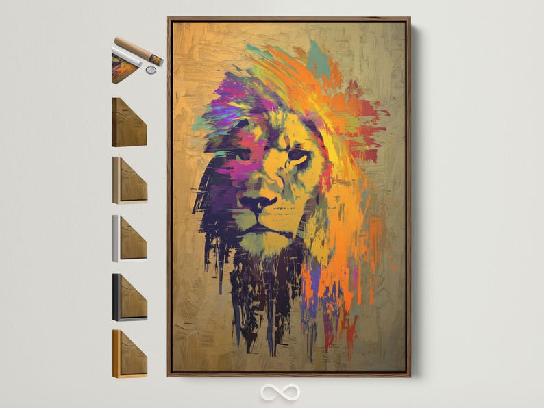 Stylised lion head artwork in warm beige with orange, purple and turquoise brush strokes