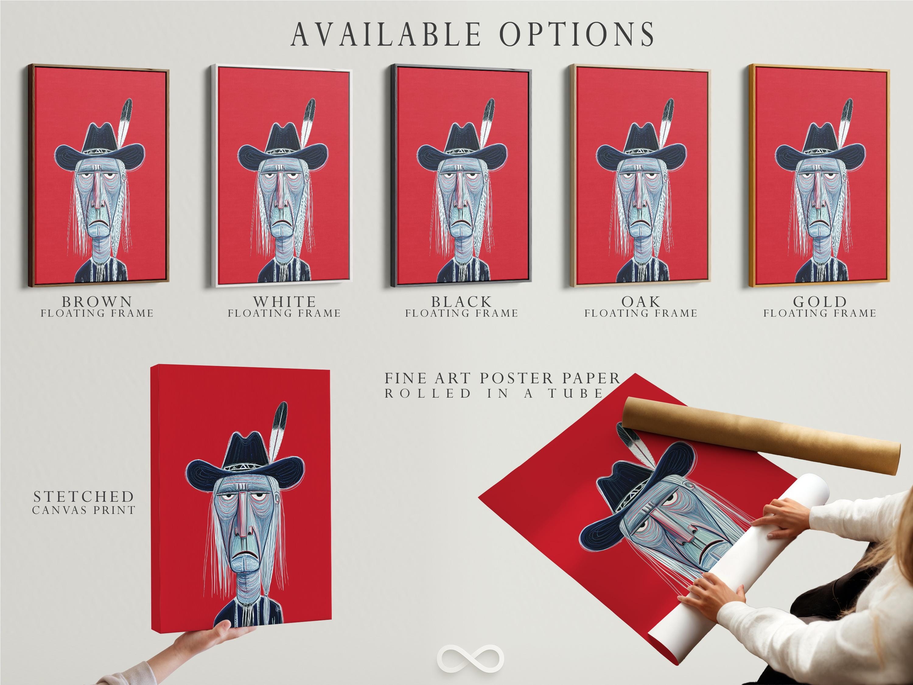 Stylised cowboy portrait with a wide-brim hat on a red background detail view