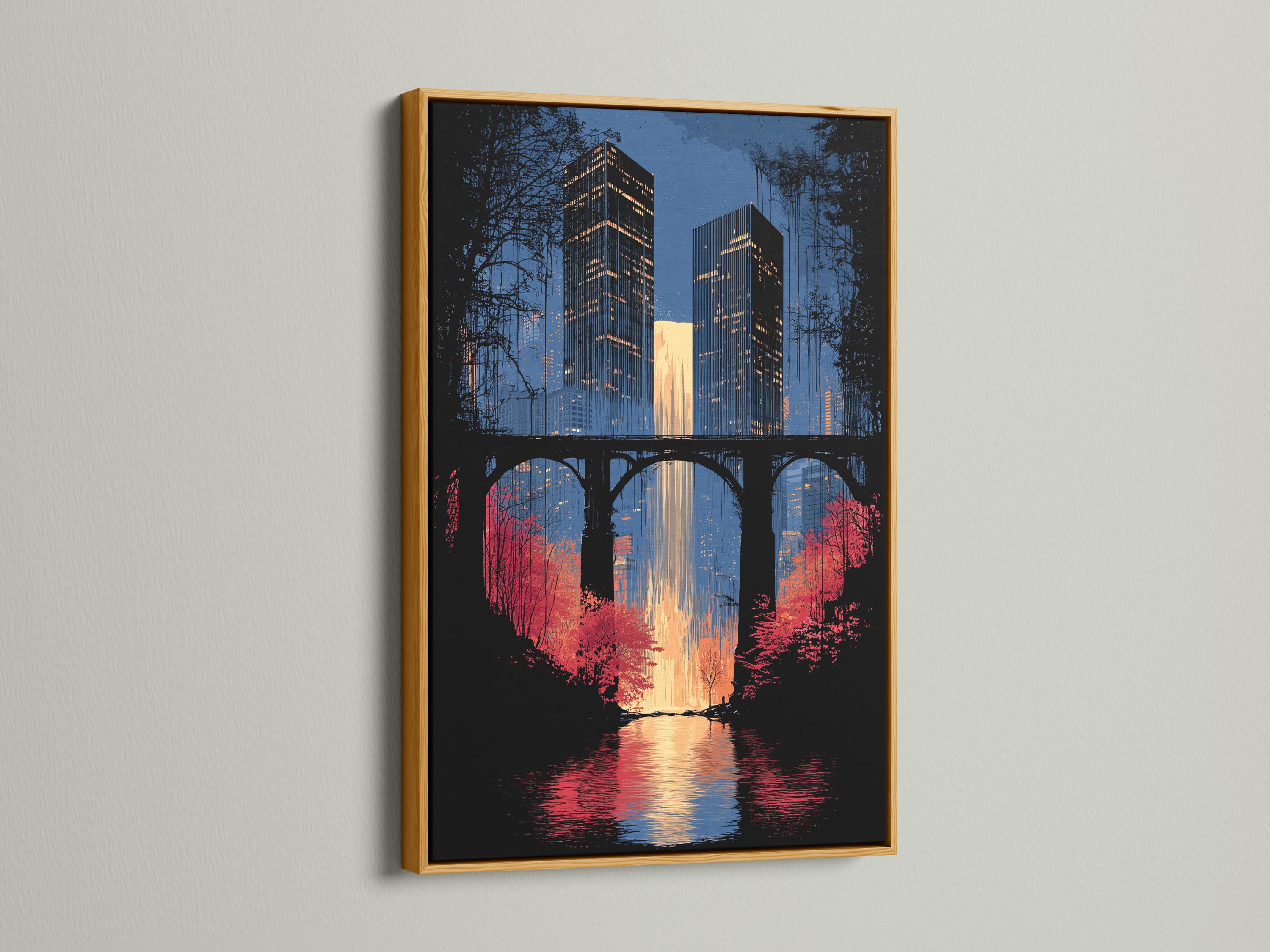 Night city skyline with illuminated buildings, arched bridge silhouette and river reflections detail view