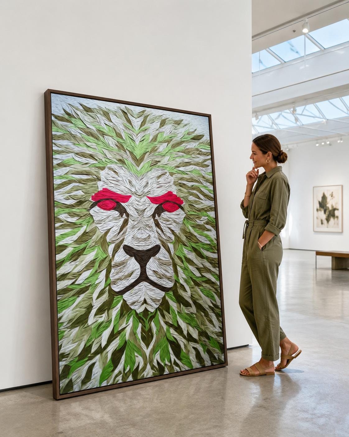 Room mockup showing a large lion artwork with green leaf pattern and red eyes above a bed