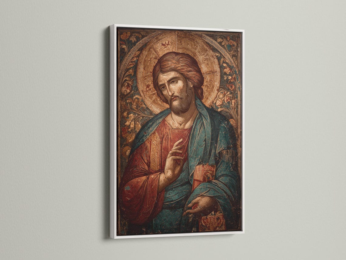 Jesus portrait religious artwork shown in a mockup with hanging options on the side
