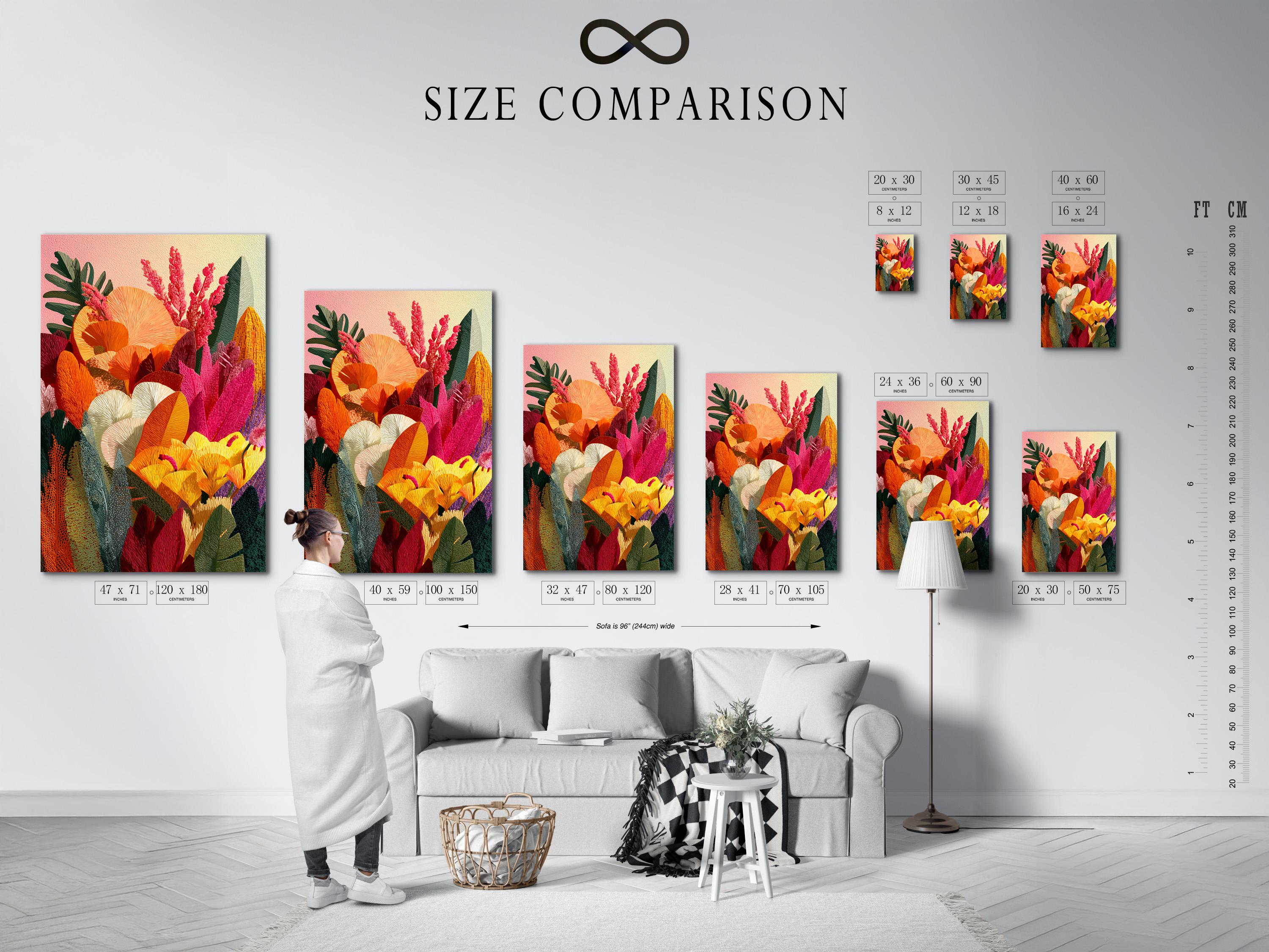 Colourful floral botanical artwork with orange and yellow blossoms, pink flowering spikes and green leaves detail view