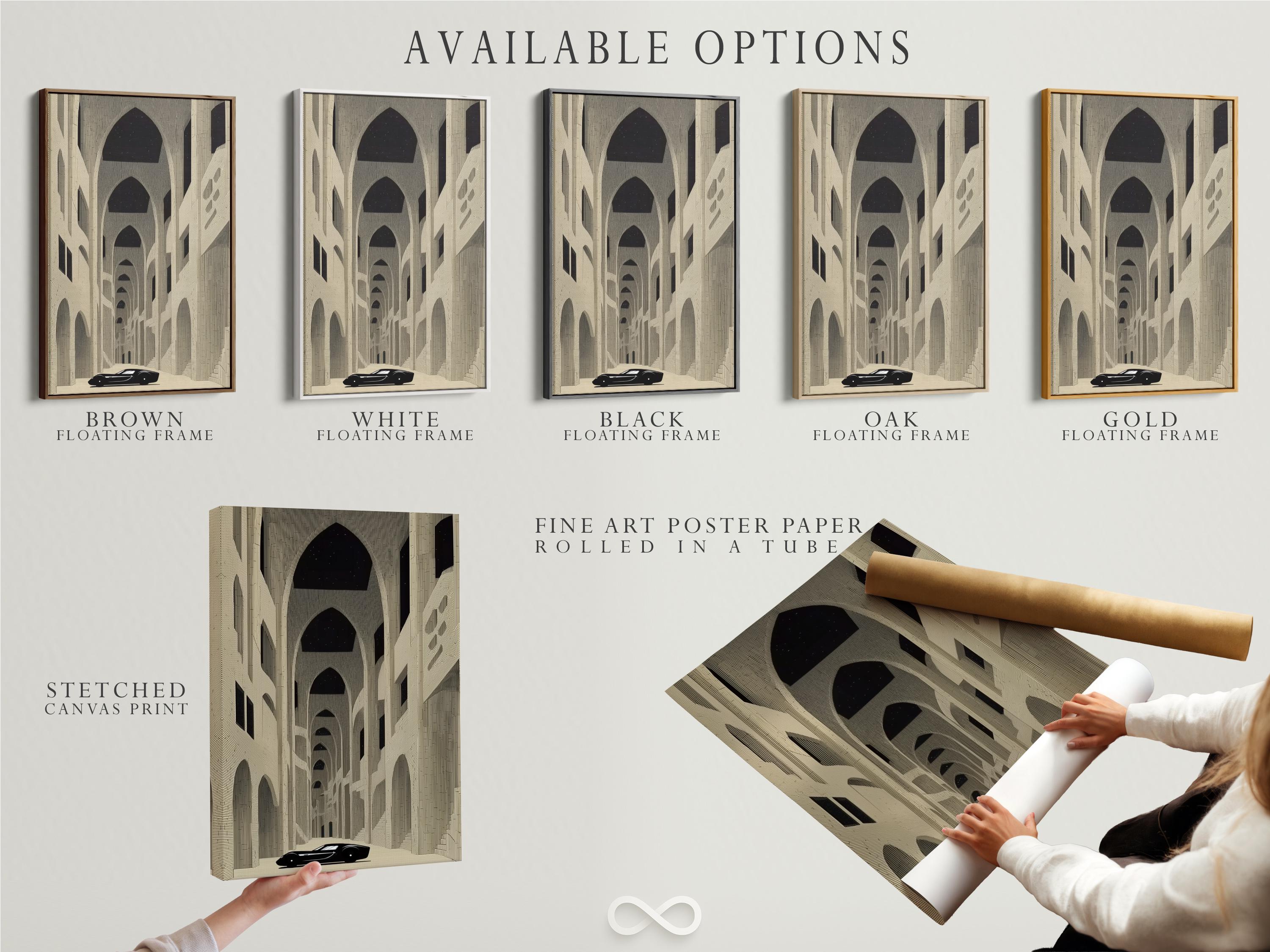 Room mockup showing a framed beige architecture artwork with arches and a dark car silhouette