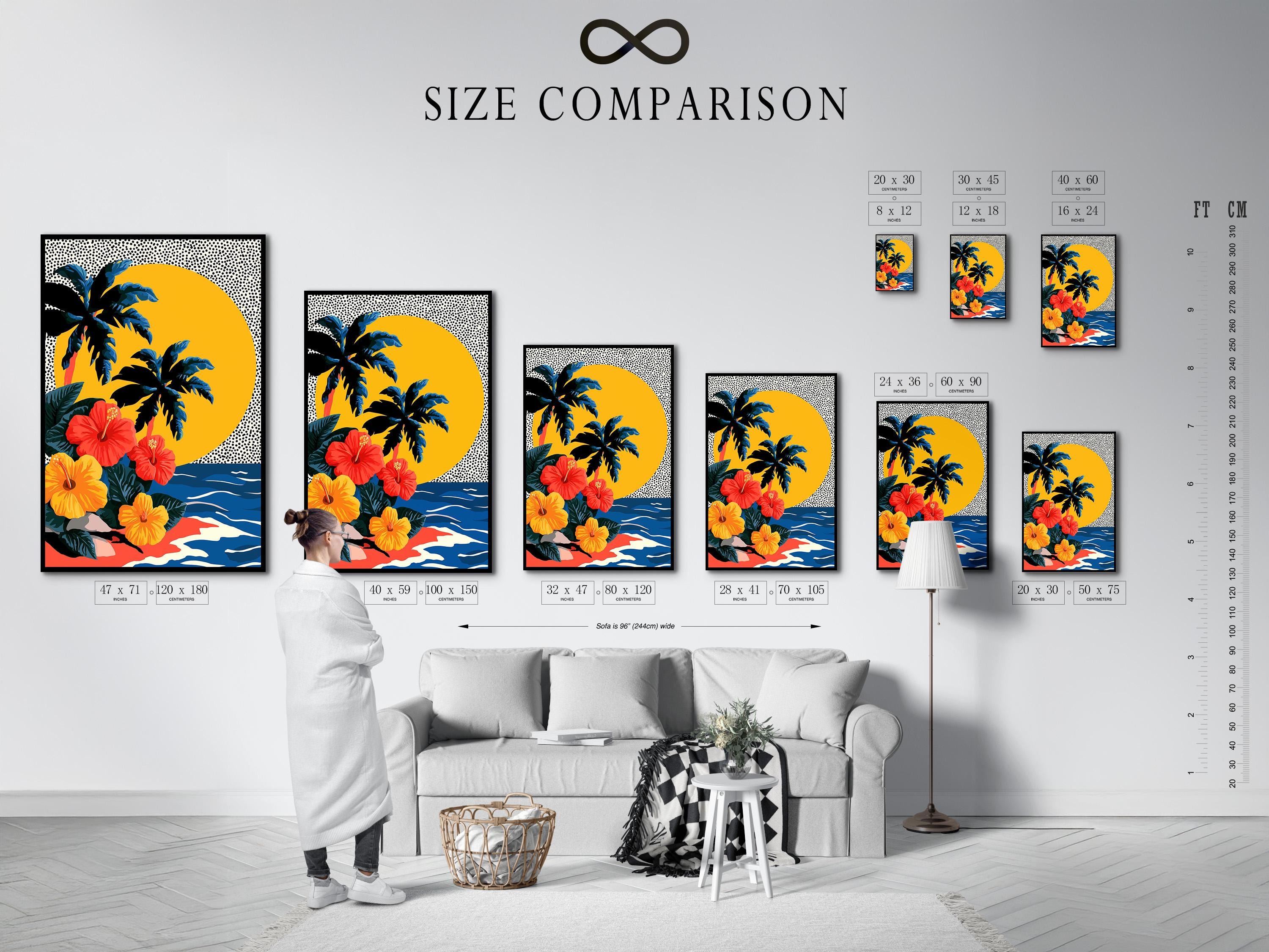 Wall mockup of tropical floral artwork with palm leaves, hibiscus-like flowers, waves and a yellow sun circle