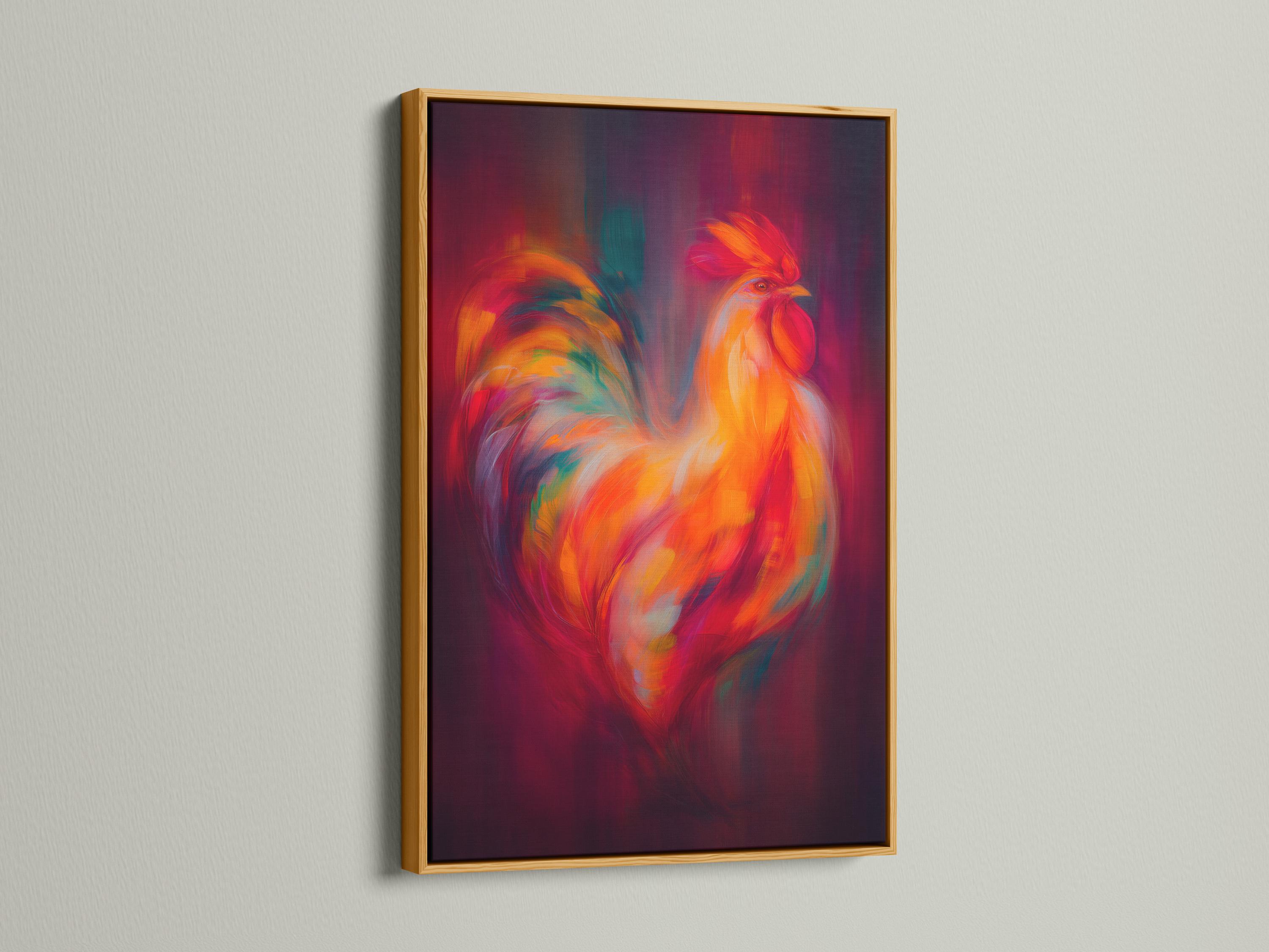 A stylised rooster portrait in vibrant orange and red with a deep purple background detail view