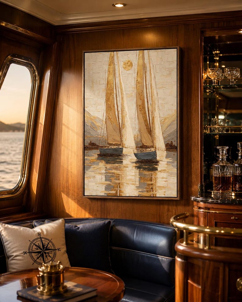 Sailboats with tall cream and gold sails reflected on calm water in a warm nautical seascape