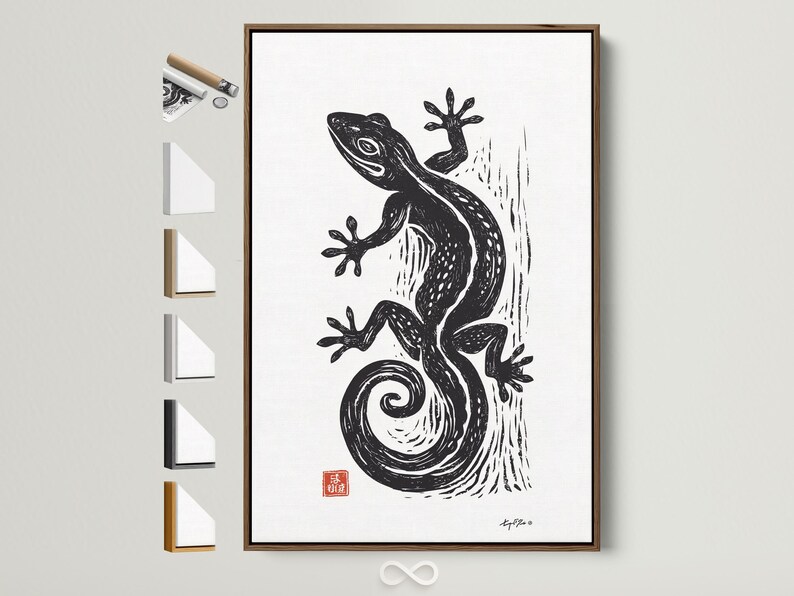 Black-and-white lizard illustration with a curled spiral tail and small red seal detail