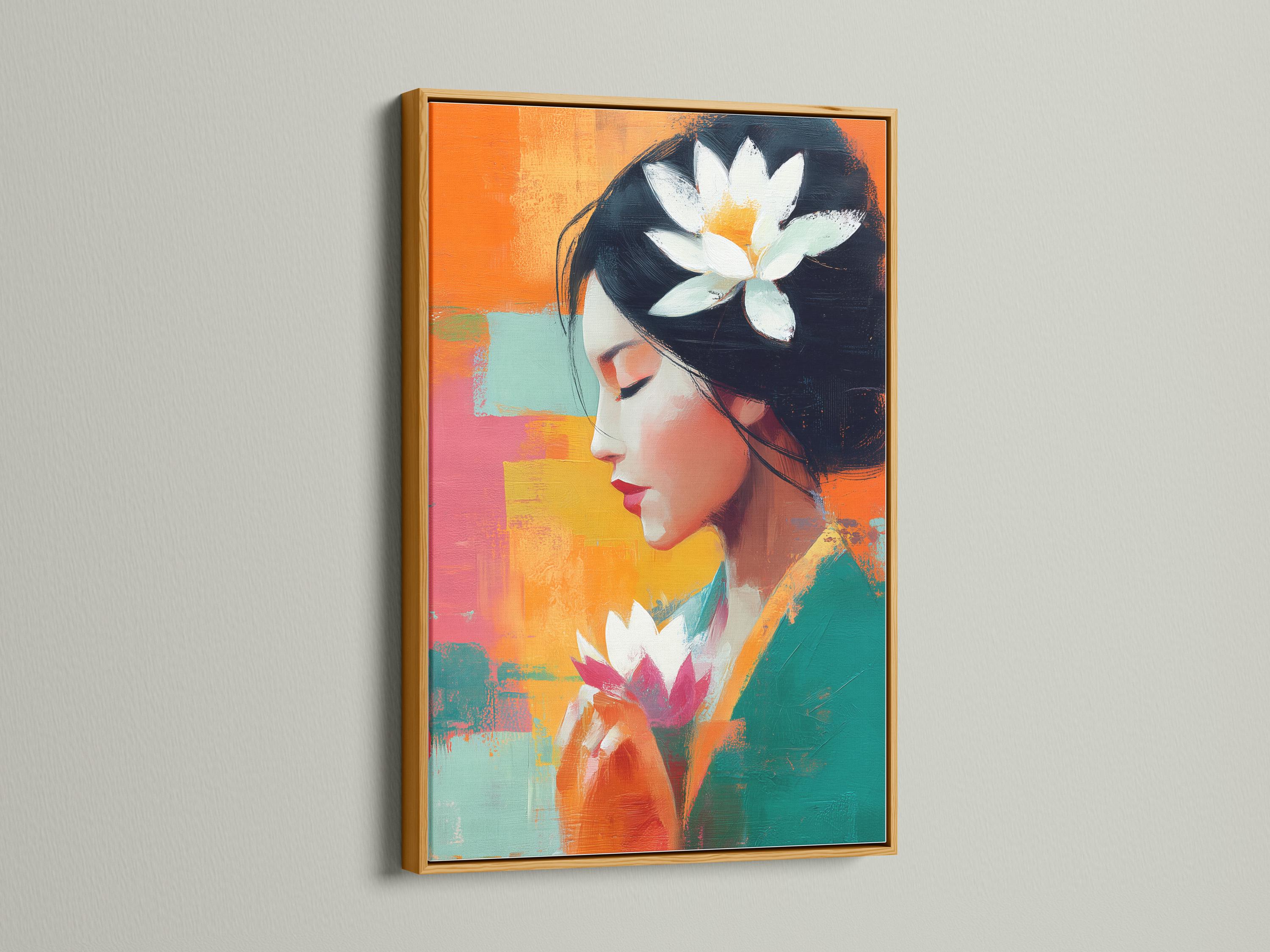 An abstract portrait of a woman in side profile appears alongside large lotus flowers, set against bright patchwork colours with bold painterly brush