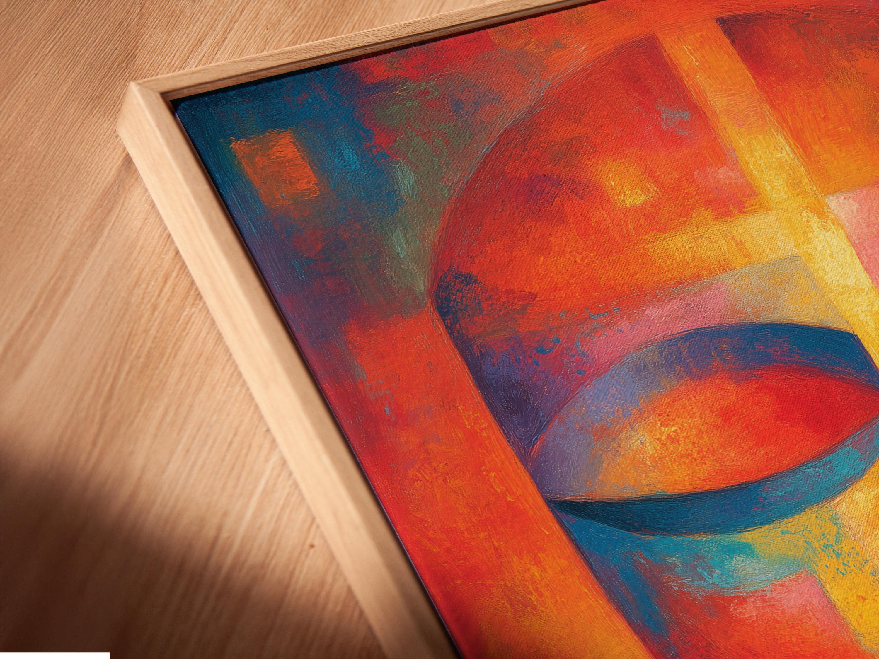 Abstract face portrait with vivid orange, teal and blue geometric shapes and a central vertical highlight detail view