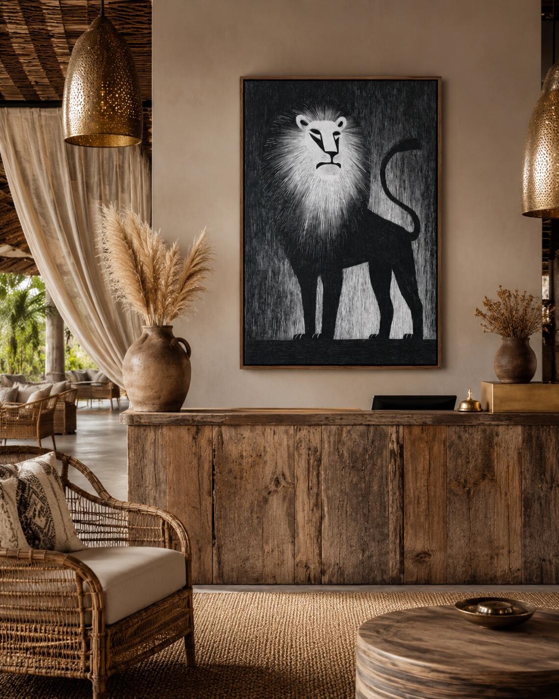 A person standing beside a framed black and white lion artwork in a modern interior