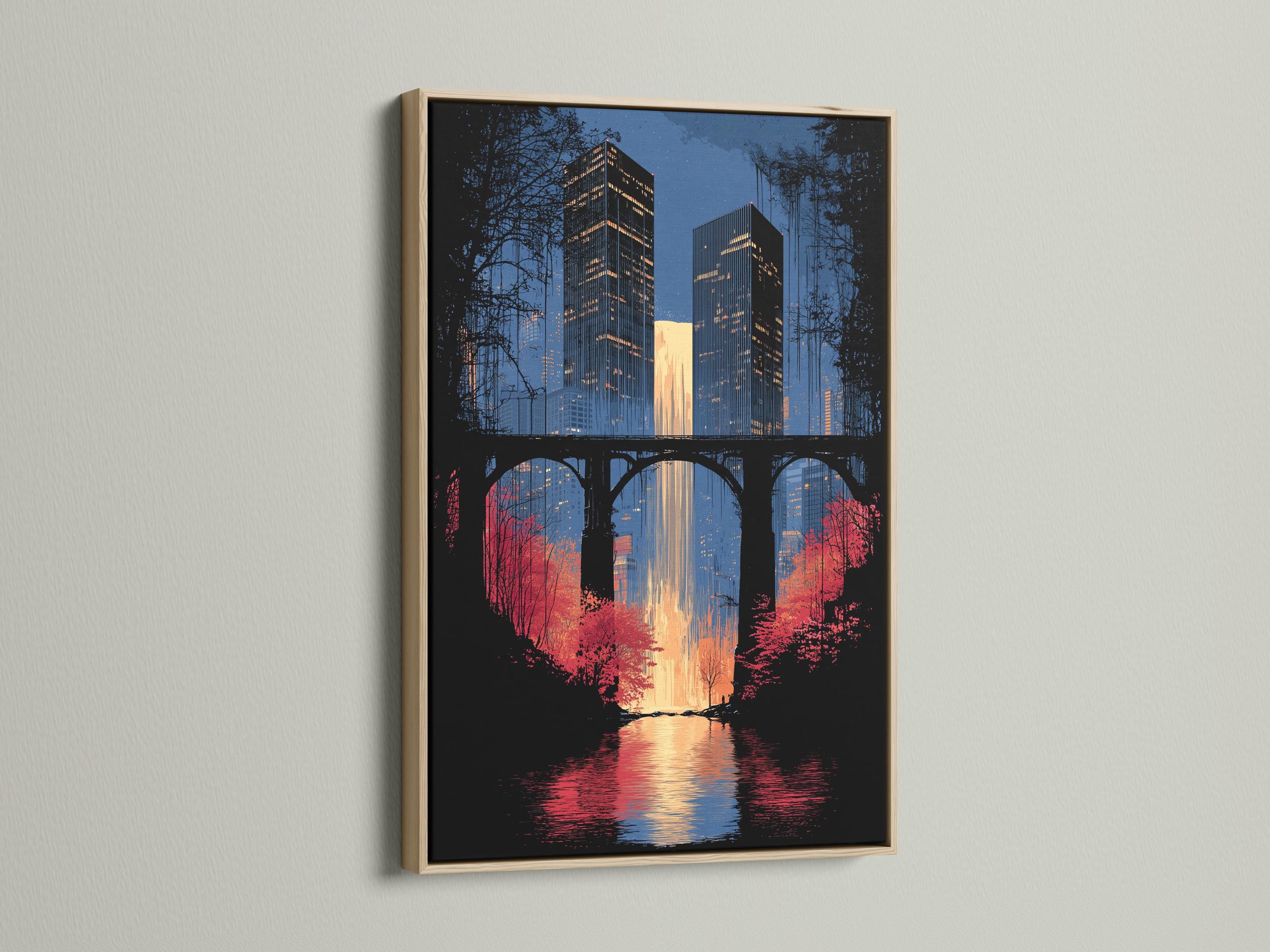 Night city skyline with illuminated buildings, arched bridge silhouette and river reflections detail view