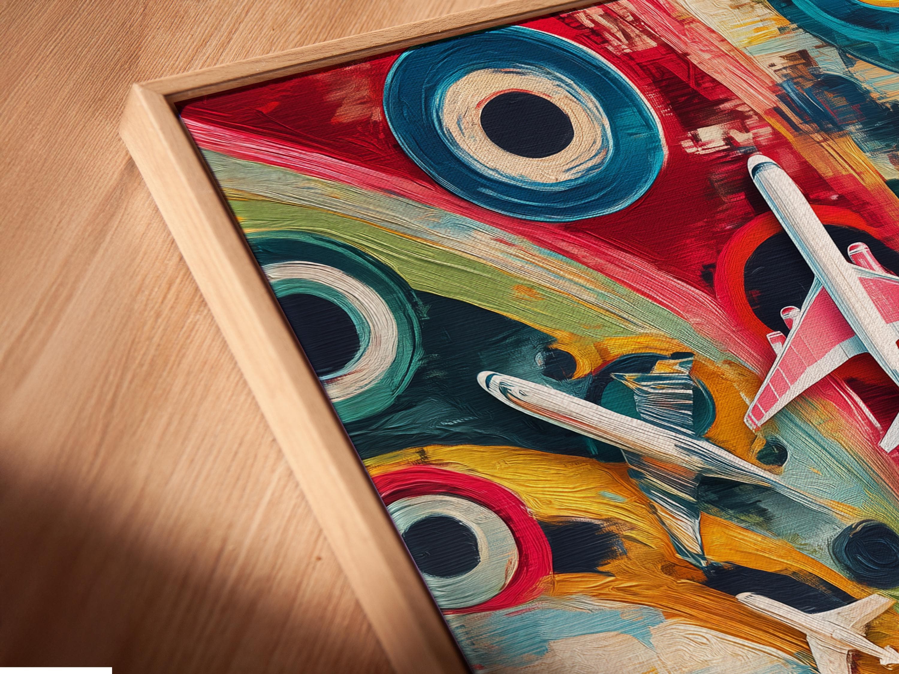 Colourful retro aviation artwork with white airplanes over a teal and pink city background detail view