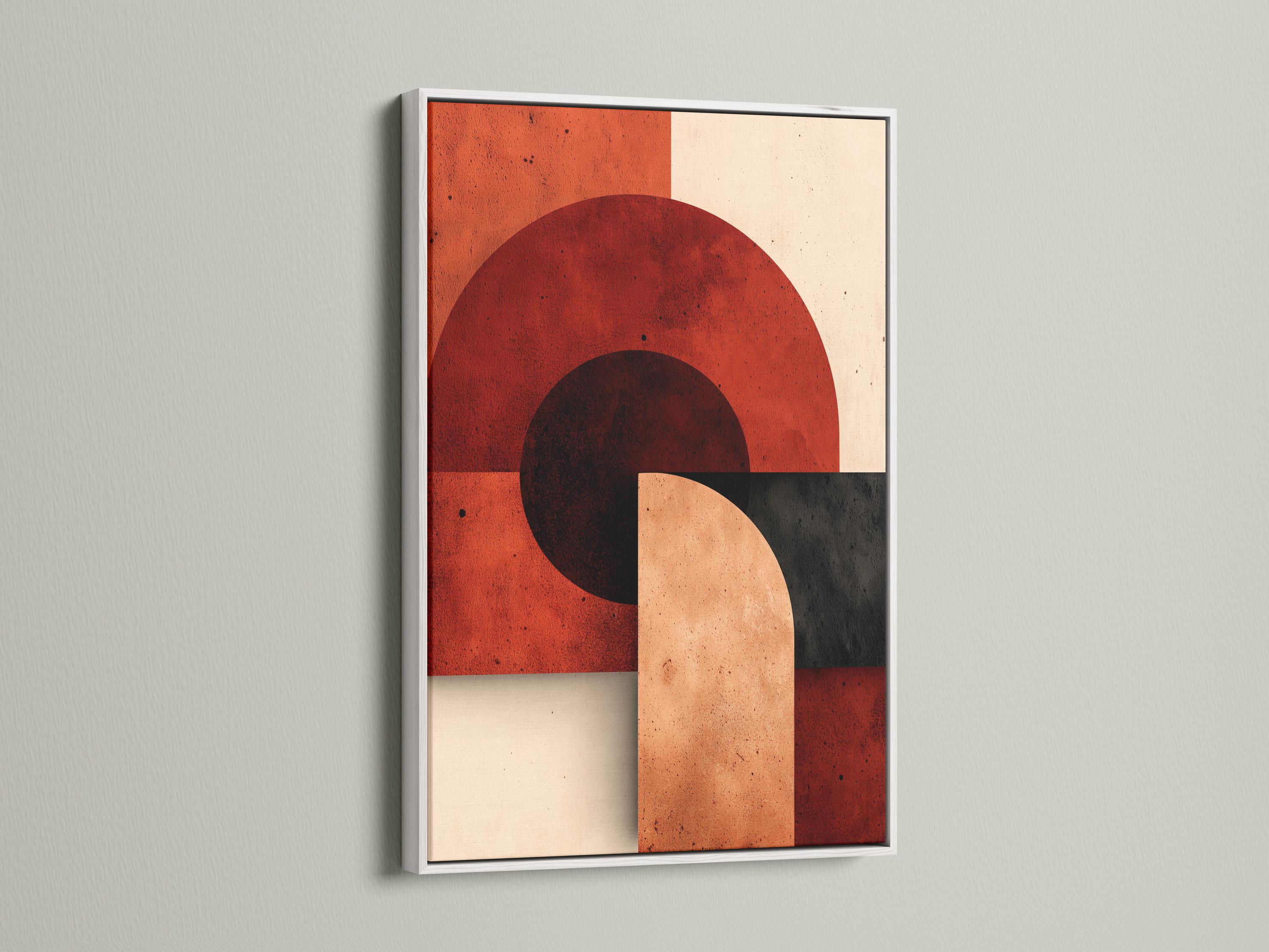 Abstract geometric artwork in a framed setup with rust red, beige and charcoal circles