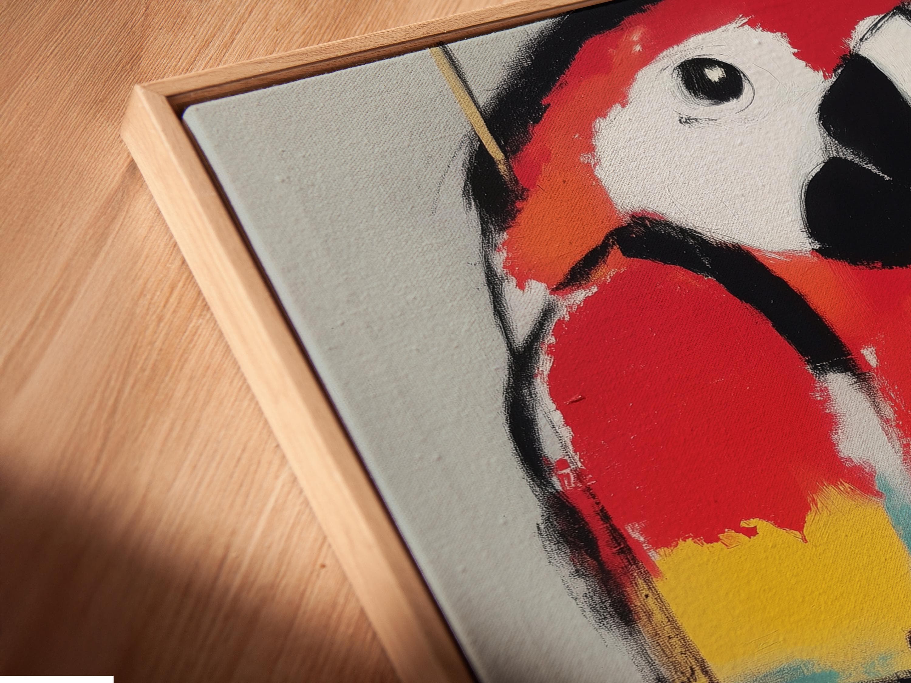 Stylised parrot bird portrait in red and black with a large orange circle accent detail view