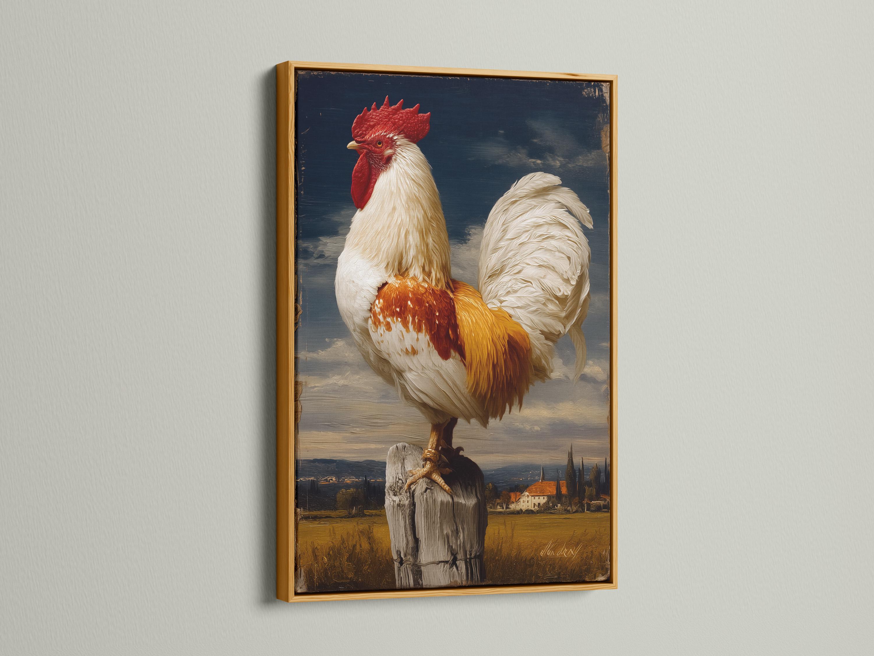 Vintage rooster portrait with red comb and pale feathers in a countryside landscape detail view