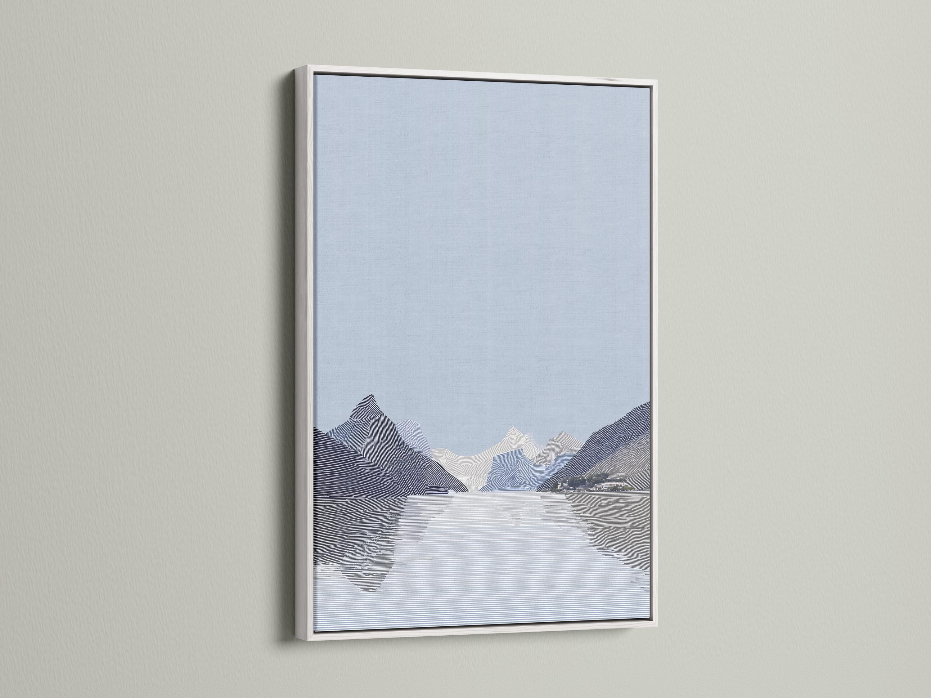 Person viewing an abstract mountain artwork in a modern room mockup