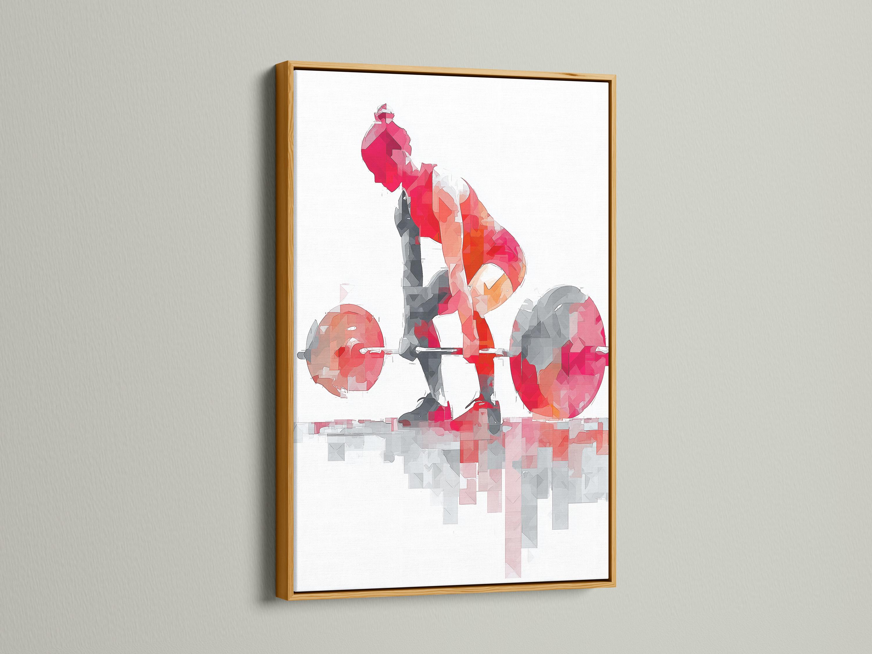 Fitness artwork mockup showing a red and grey weightlifter lifting a barbell inside a frame