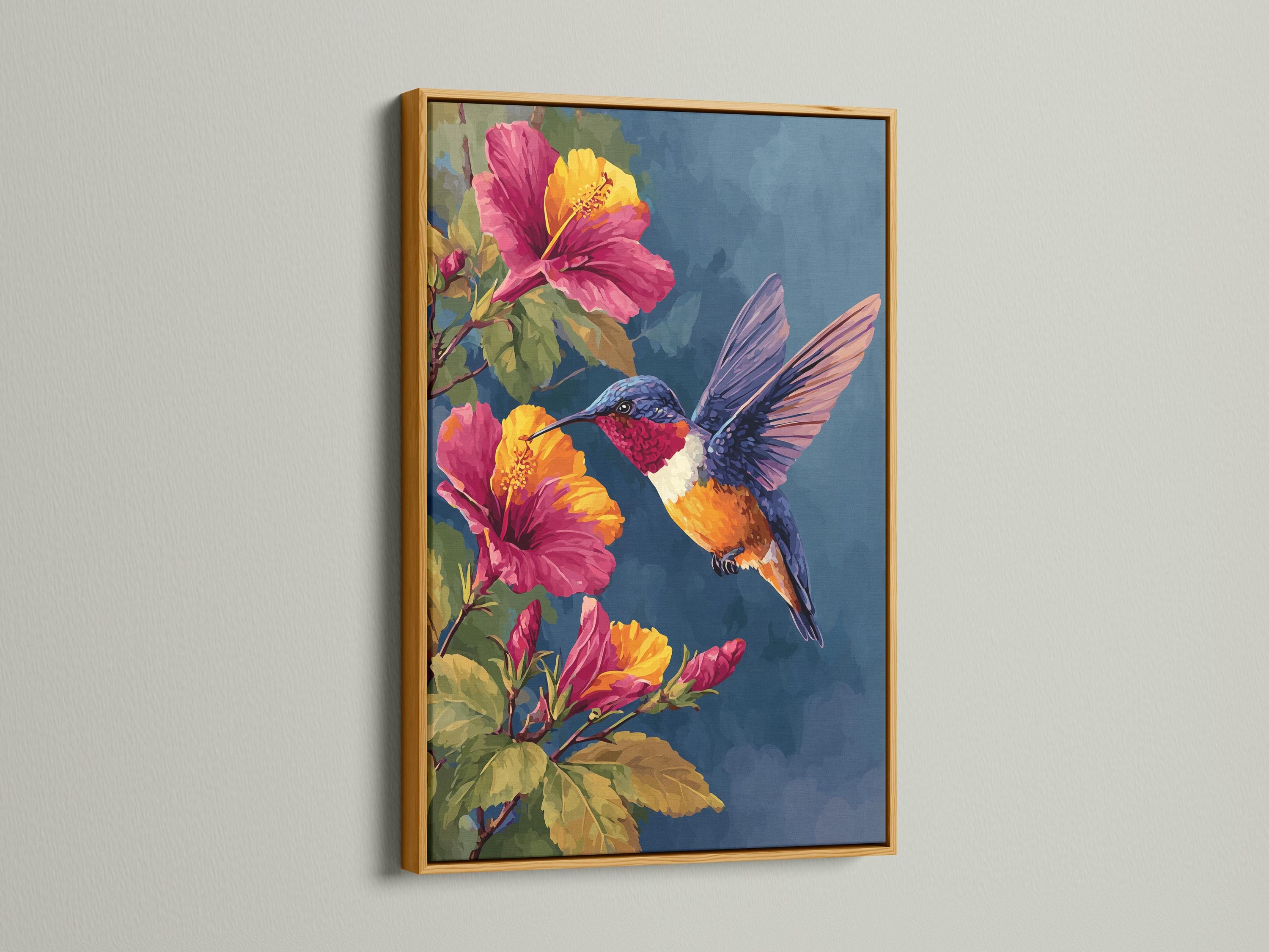 Room mockup showing a hummingbird and hibiscus floral artwork