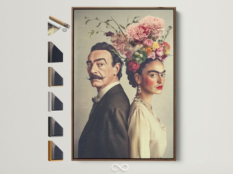 Portrait of a couple with a floral crown of pink roses and mixed blossoms