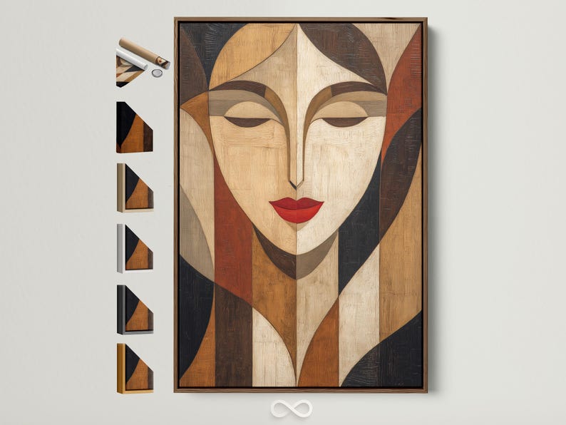 Abstract geometric portrait of a woman with red lips, cream and charcoal tones