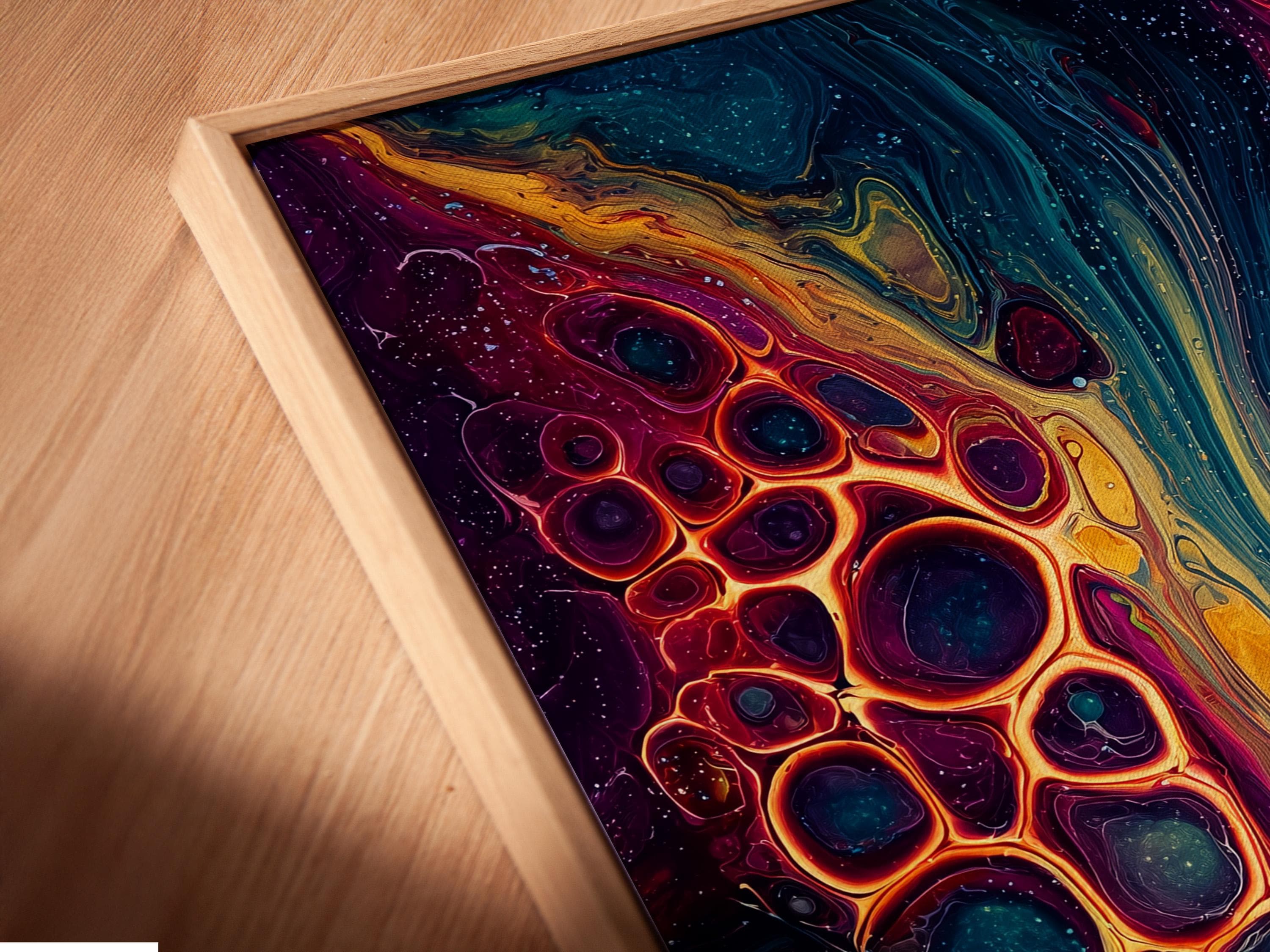 Vivid fluid abstract painting with teal and orange gold tones and bubble-like cells detail view