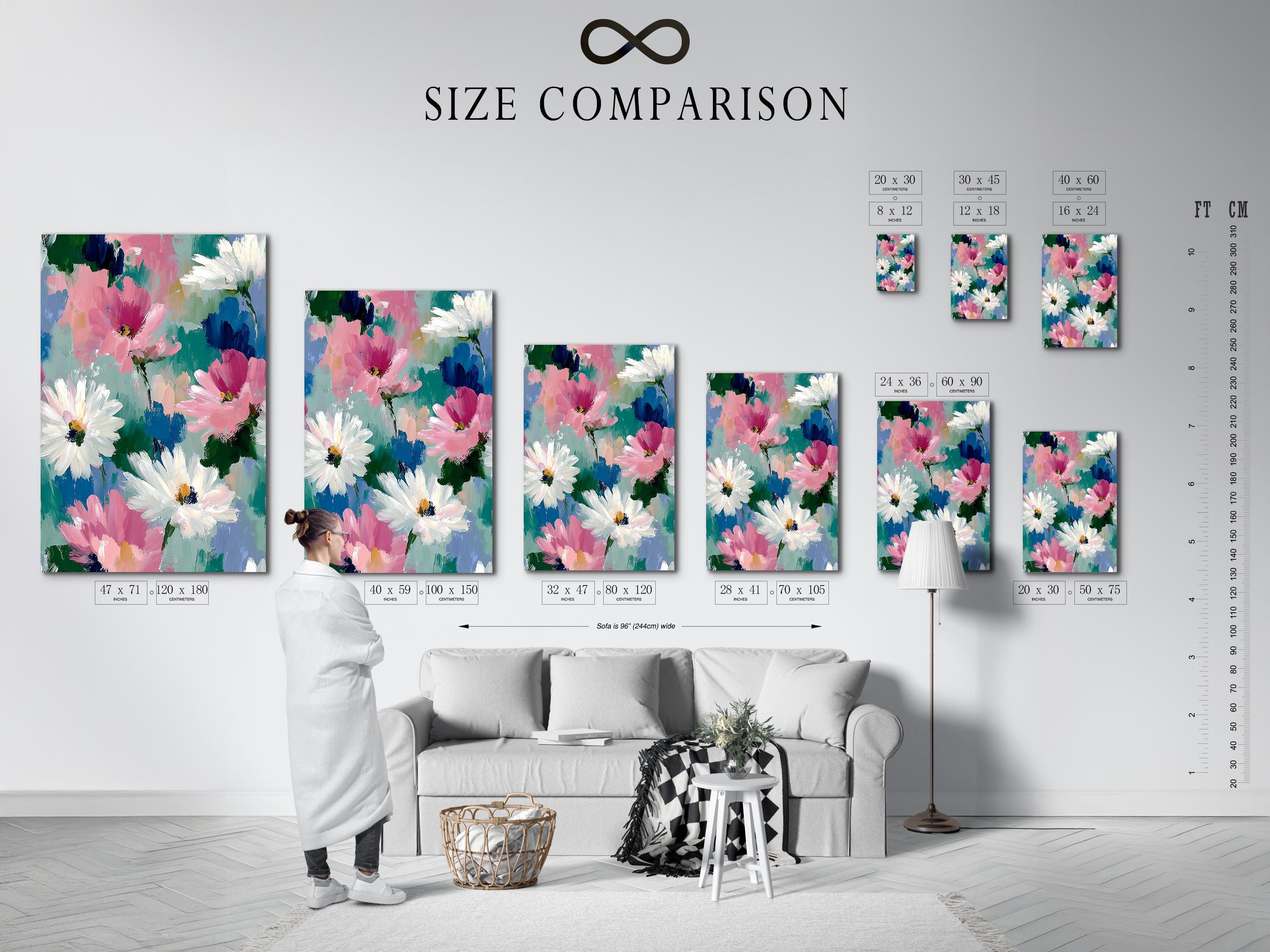 Abstract floral painting with pink and white daisy-like flowers, teal and blue background, and green stems detail view