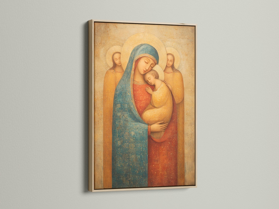 Room mockup showing framed Madonna and Child religious icon artwork