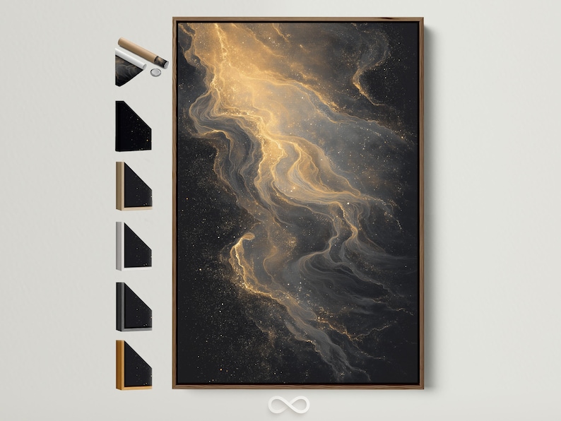 Abstract gold dust trails on a dark background in black and gold