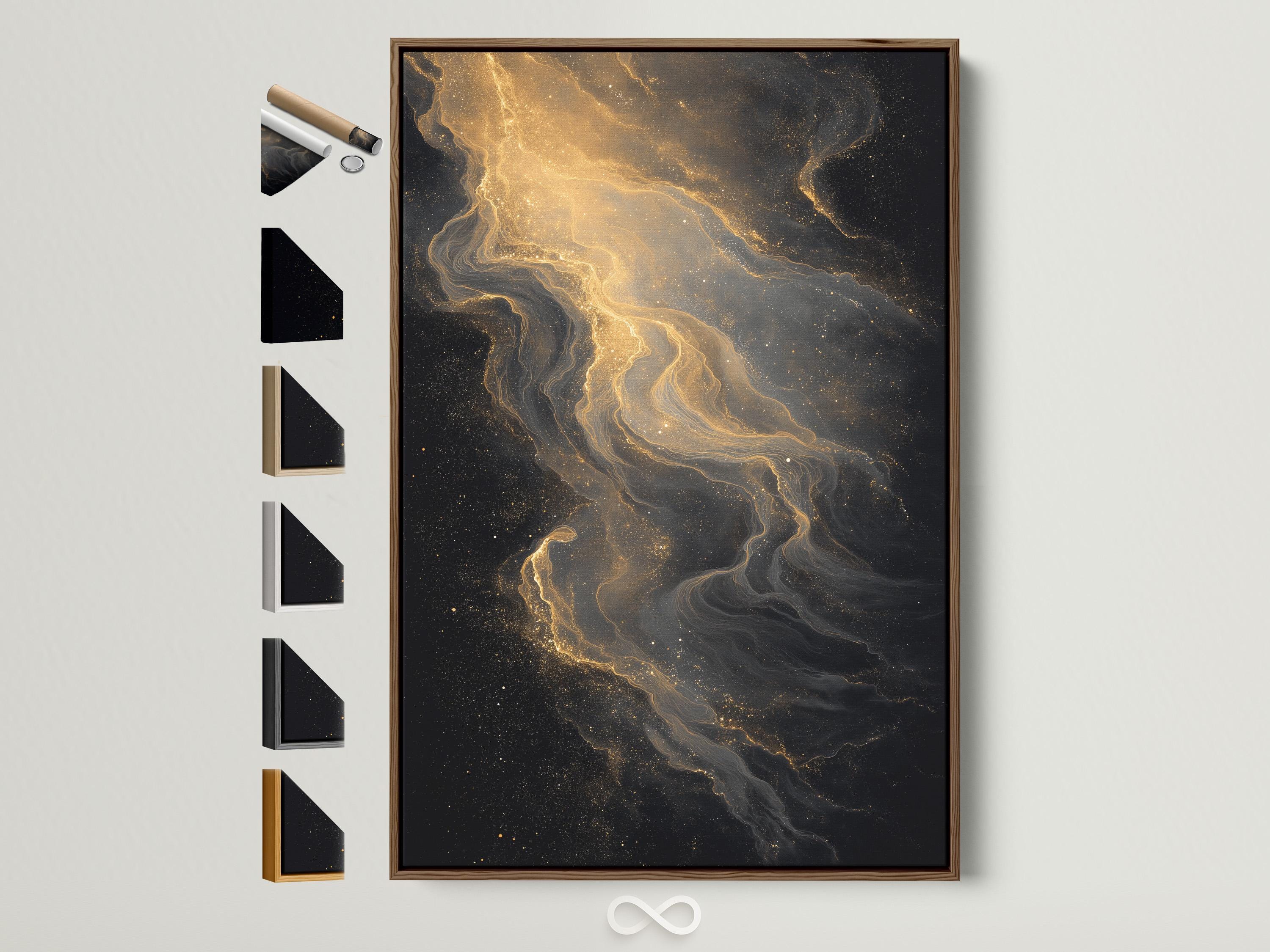 Abstract gold dust trails on a dark background in black and gold