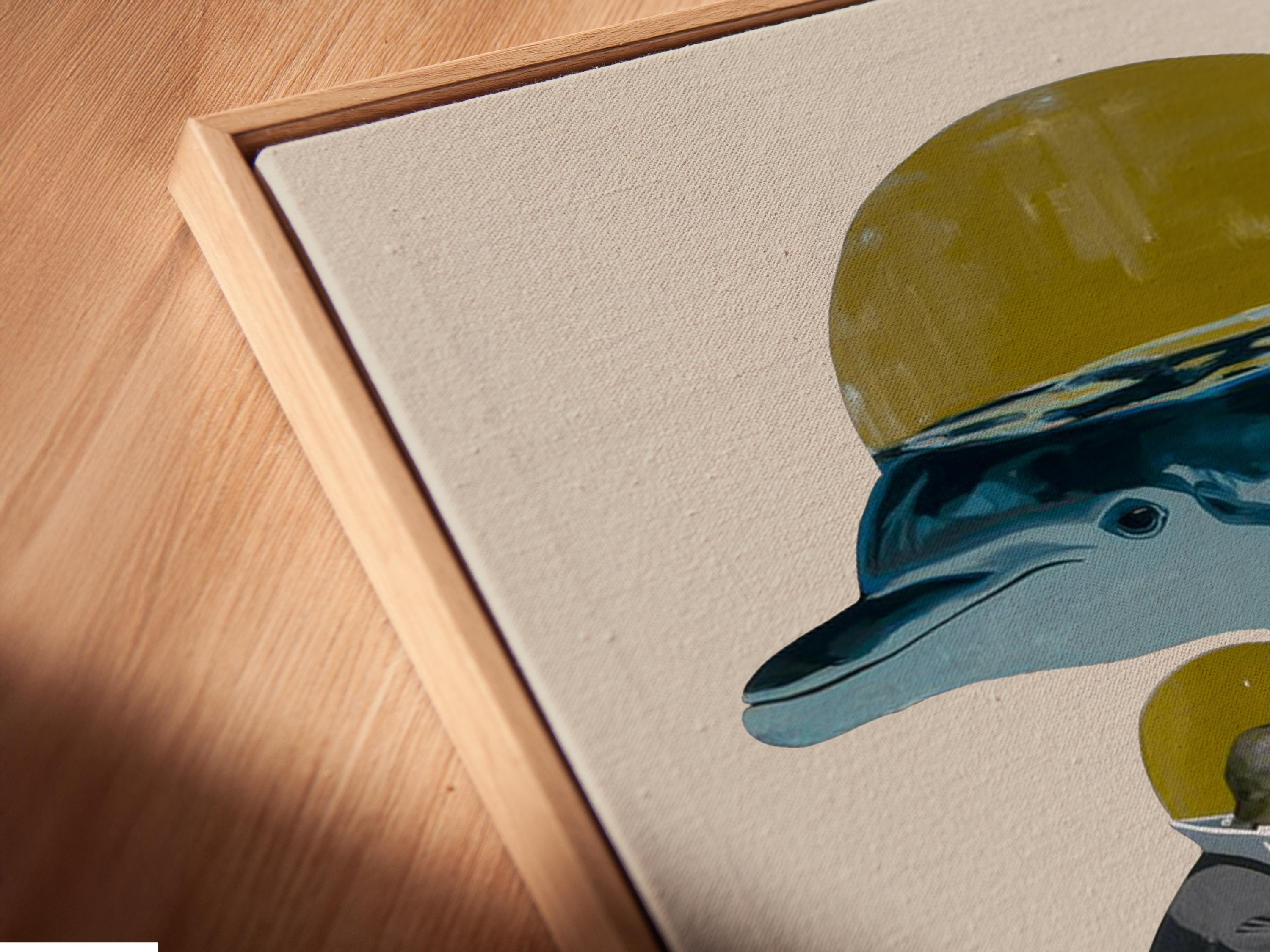 Surreal dolphin in blue with a yellow helmet-like dome and a person holding a round yellow object detail view