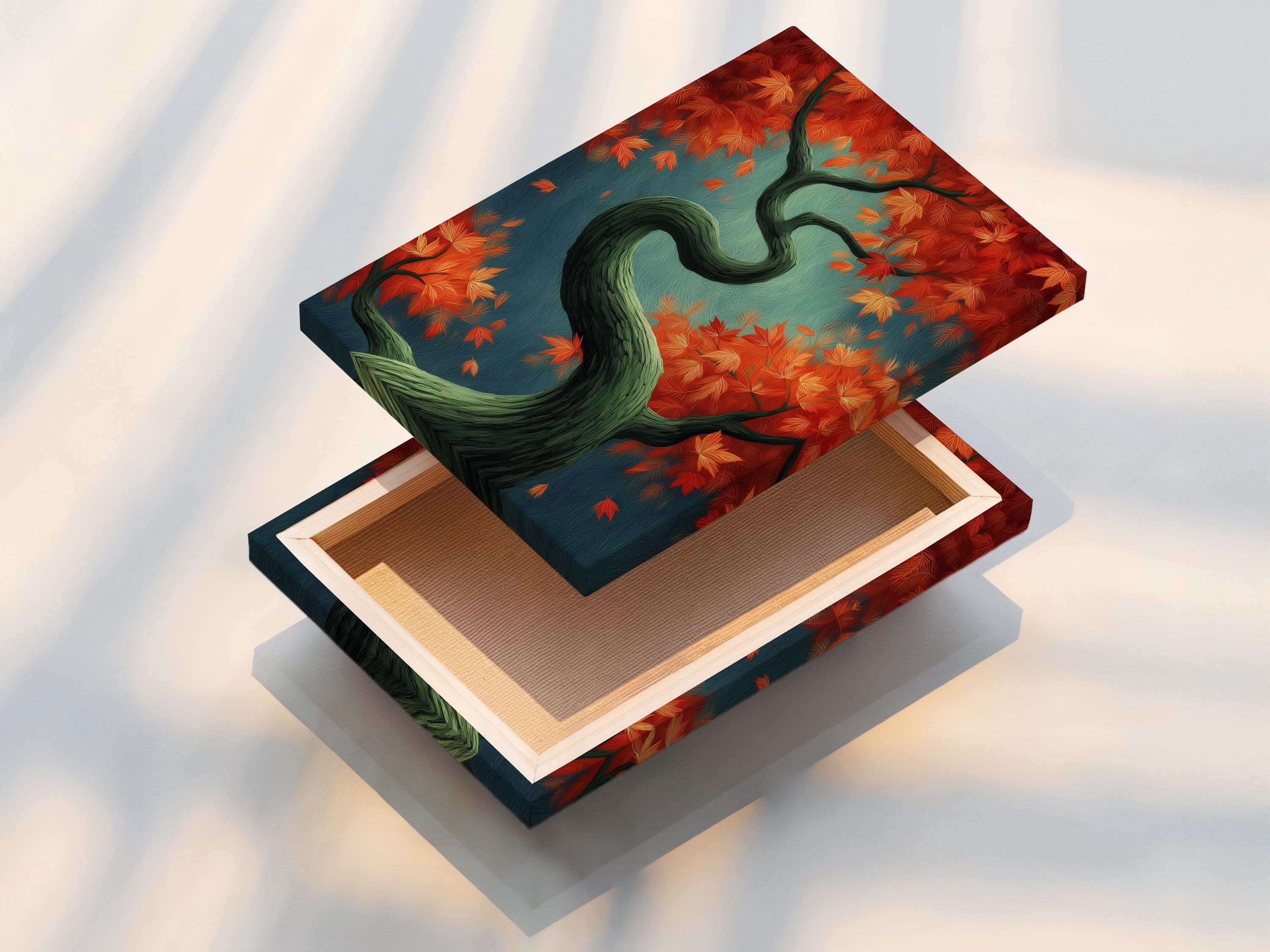 Autumn tree illustration with teal background, orange and red leaves, and a dark green twisting trunk detail view