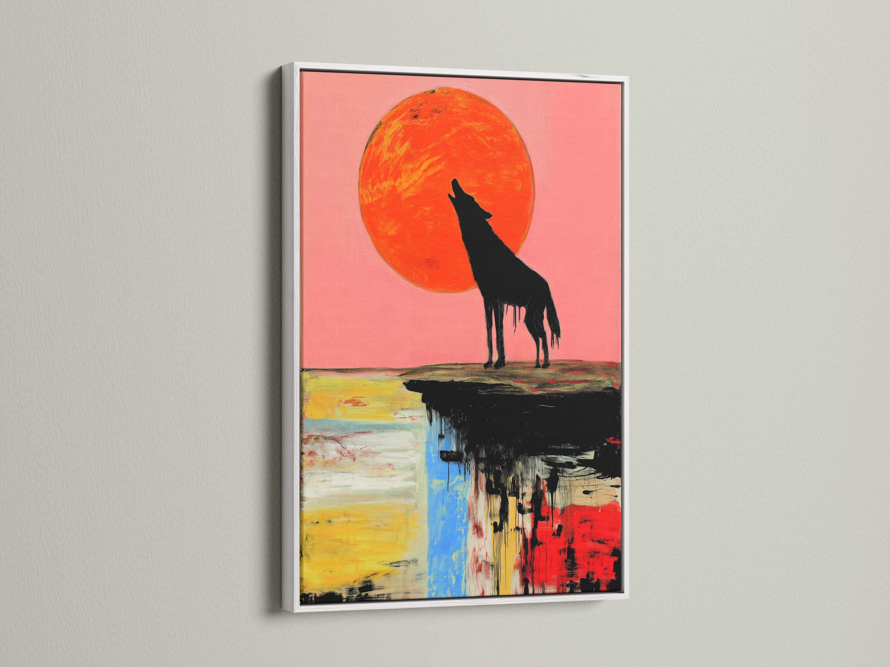 Black howling wolf silhouette under an orange-red full moon with abstract multicolour reflection detail view